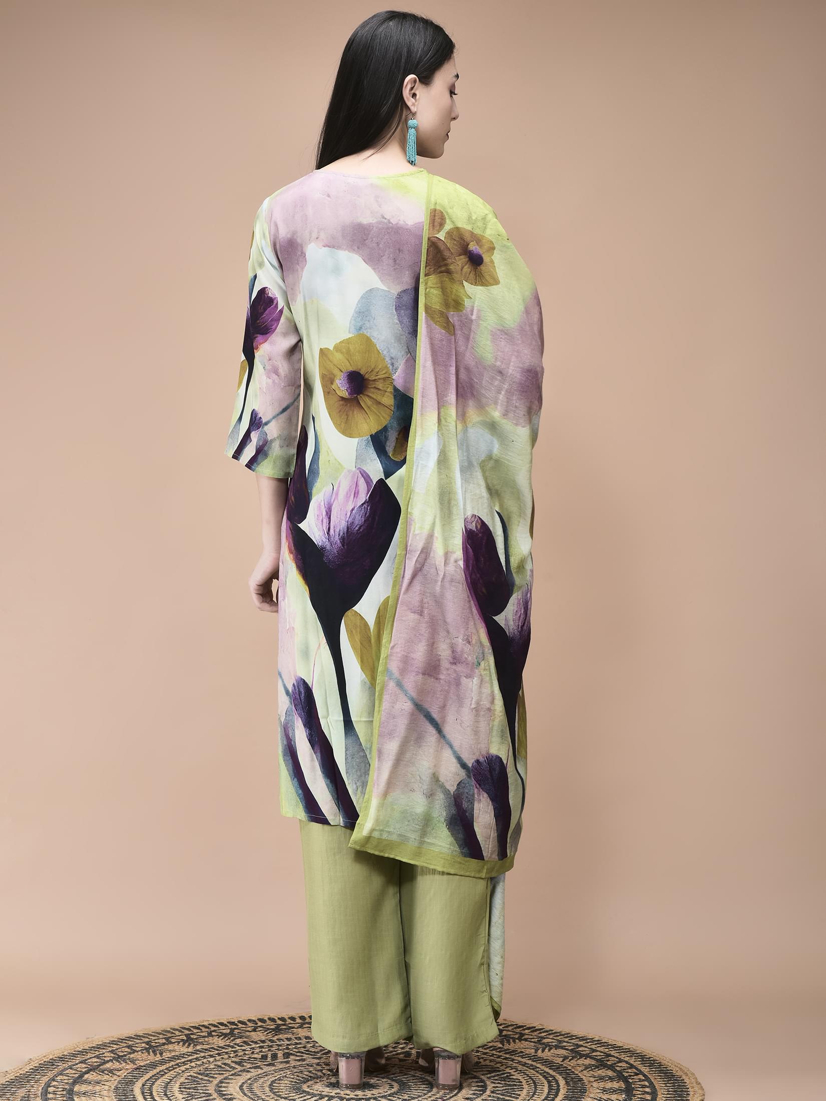Women Liva Multicolor Abstract Print Kurta Comfort Pant Dupatta.
