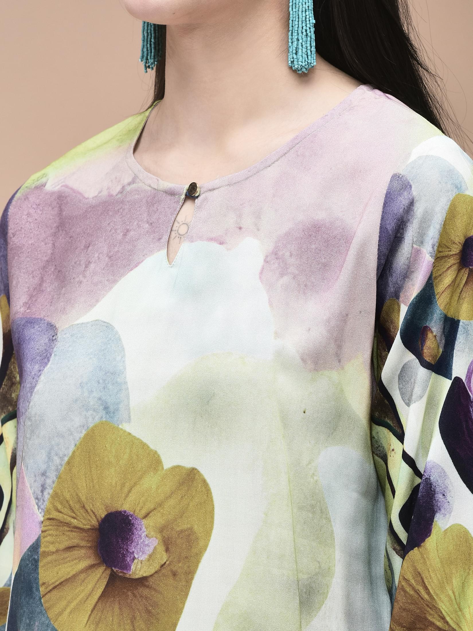 Women Liva Multicolor Abstract Print Kurta Comfort Pant Dupatta.
