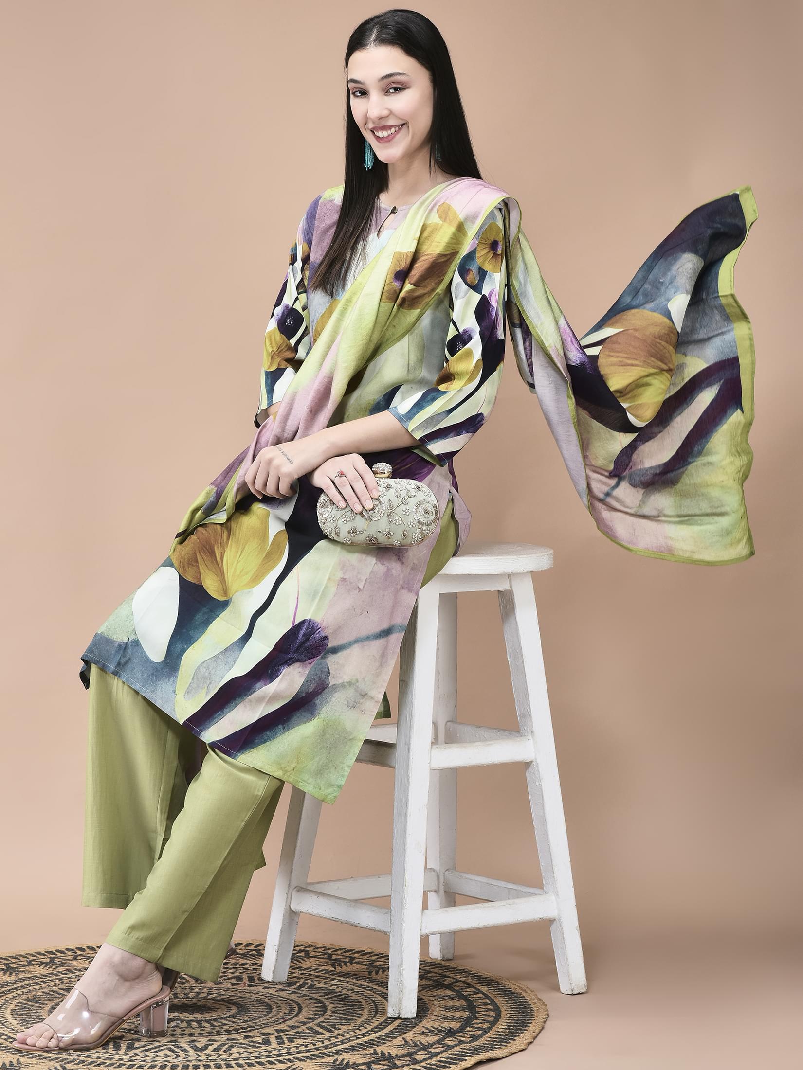 Women Liva Multicolor Abstract Print Kurta Comfort Pant Dupatta.