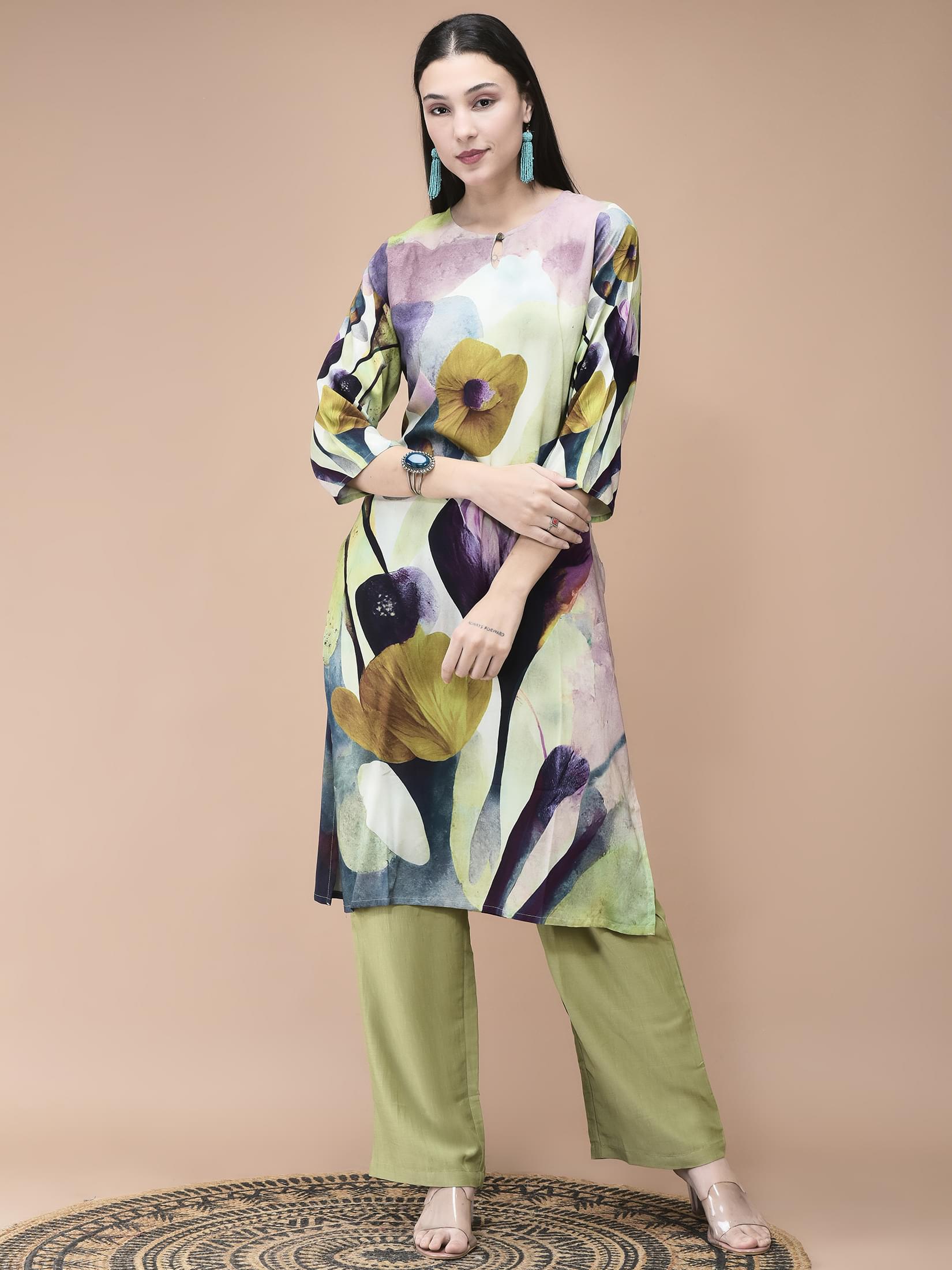 Women Liva Multicolor Abstract Print Kurta Comfort Pant Dupatta.