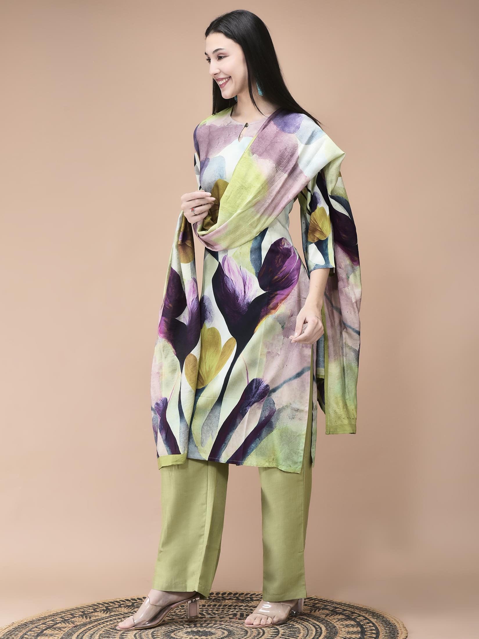Women Liva Multicolor Abstract Print Kurta Comfort Pant Dupatta.