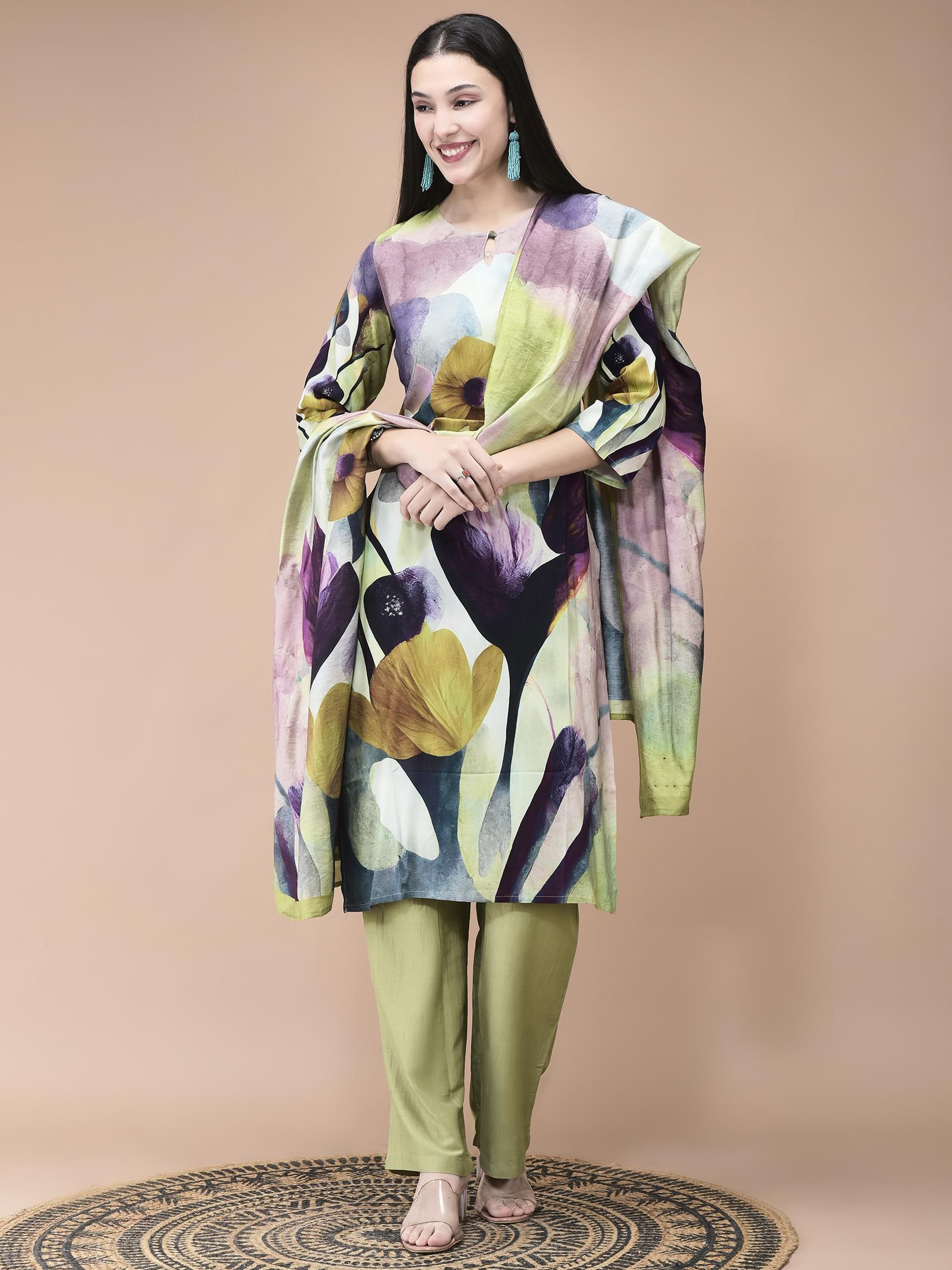 Women Liva Multicolor Abstract Print Kurta Comfort Pant Dupatta.