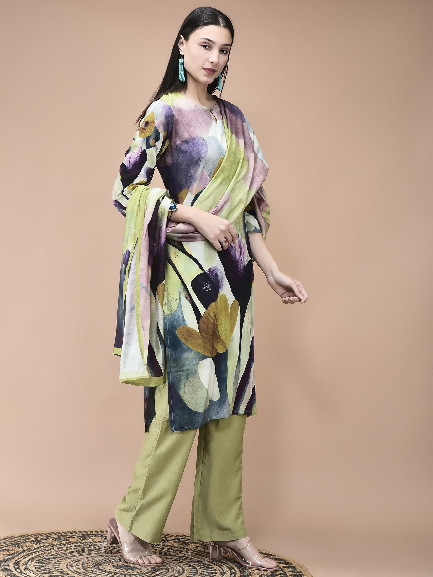 Women Liva Multicolor Abstract Print Kurta Comfort Pant Dupatta.