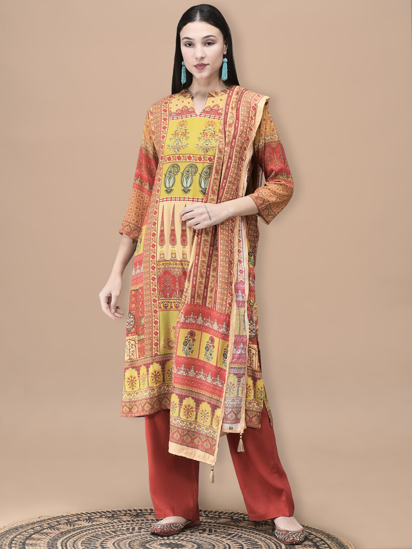 Mustard yellow traditional Mughal floral print Liva fabric regular fit suit