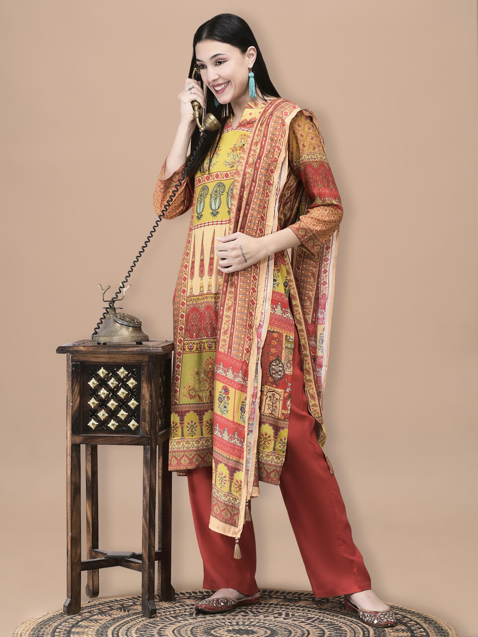 Women Liva Mustard Mughal Print Kurta Comfort Pant Dupatta.