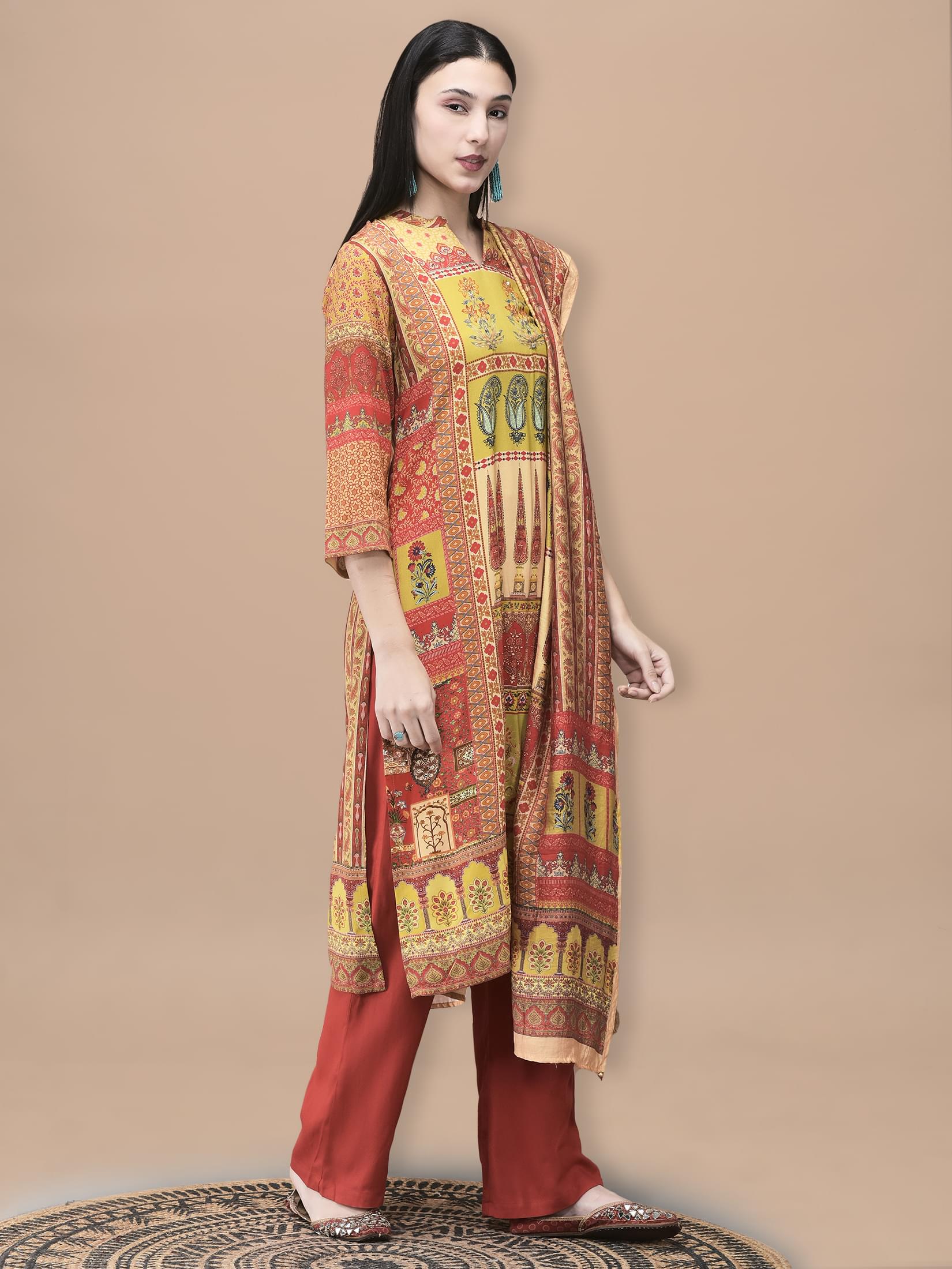 Women Liva Mustard Mughal Print Kurta Comfort Pant Dupatta.
