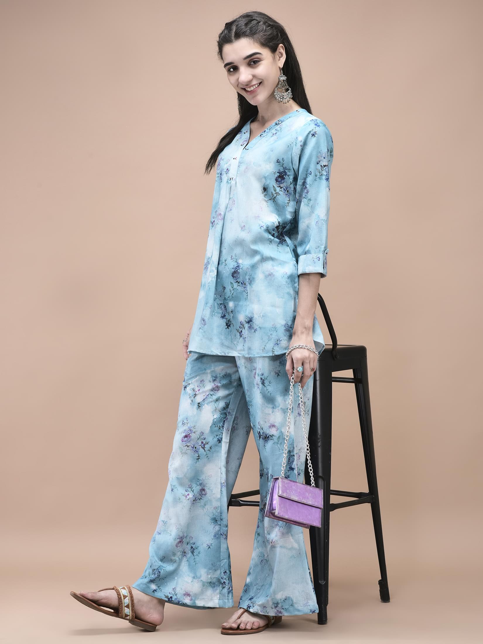 Textured sky blue print pure linen relaxed comfort fit matching co-ord set