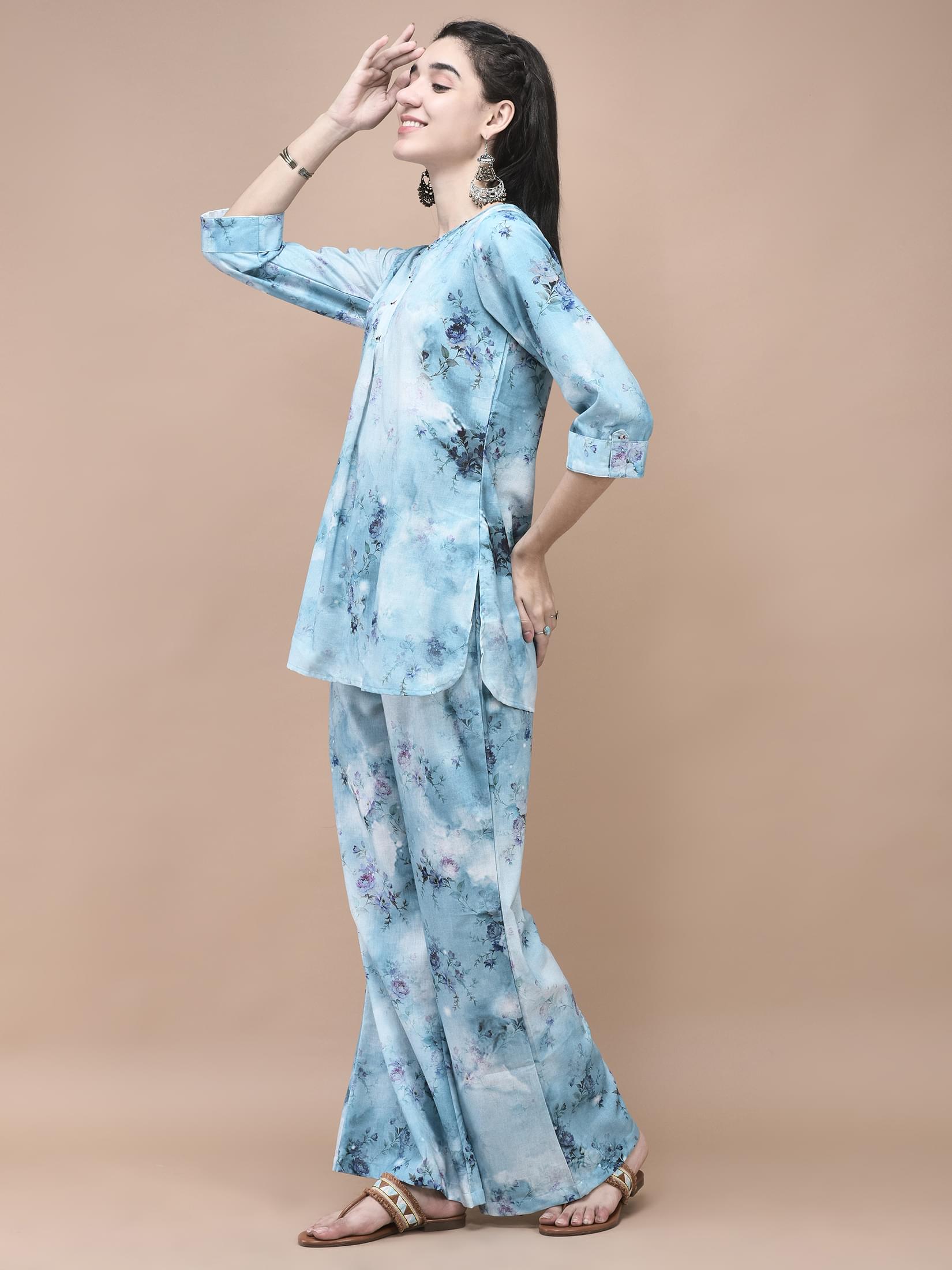 Women Linen Blue Texture Print Co-Ord Set.