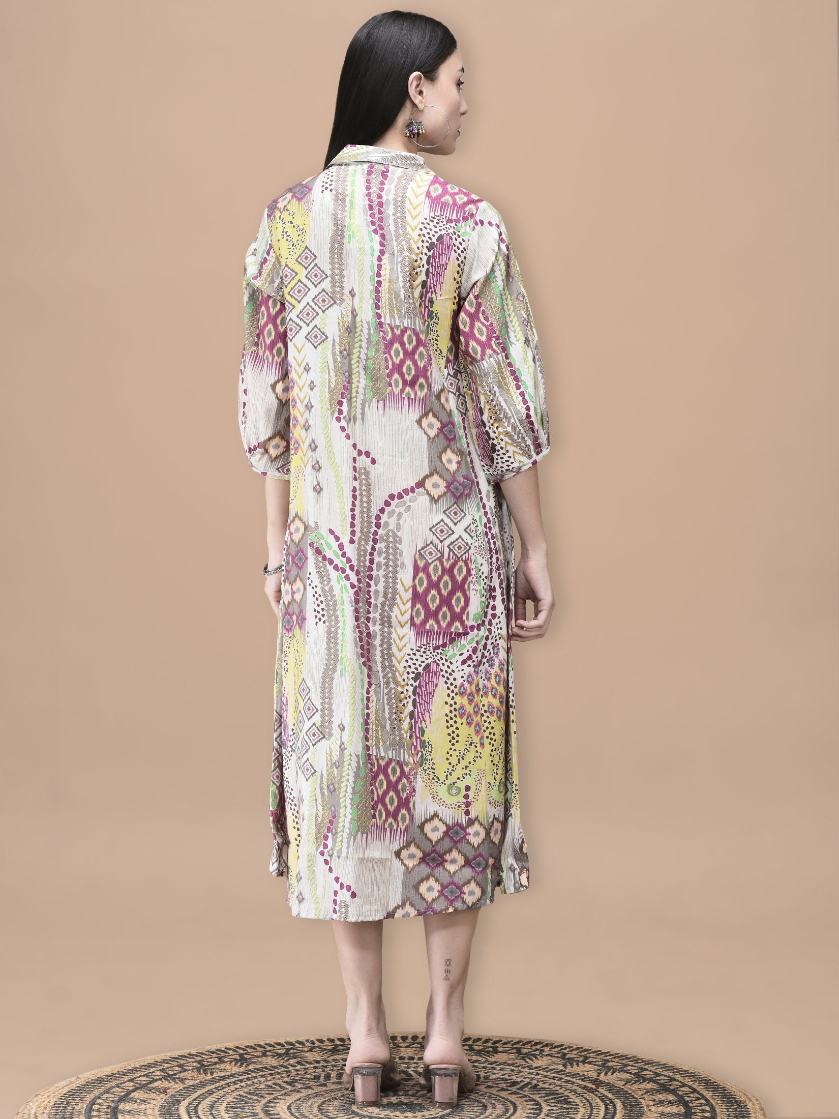 Women Chanderi Grey Ikat Print Dress