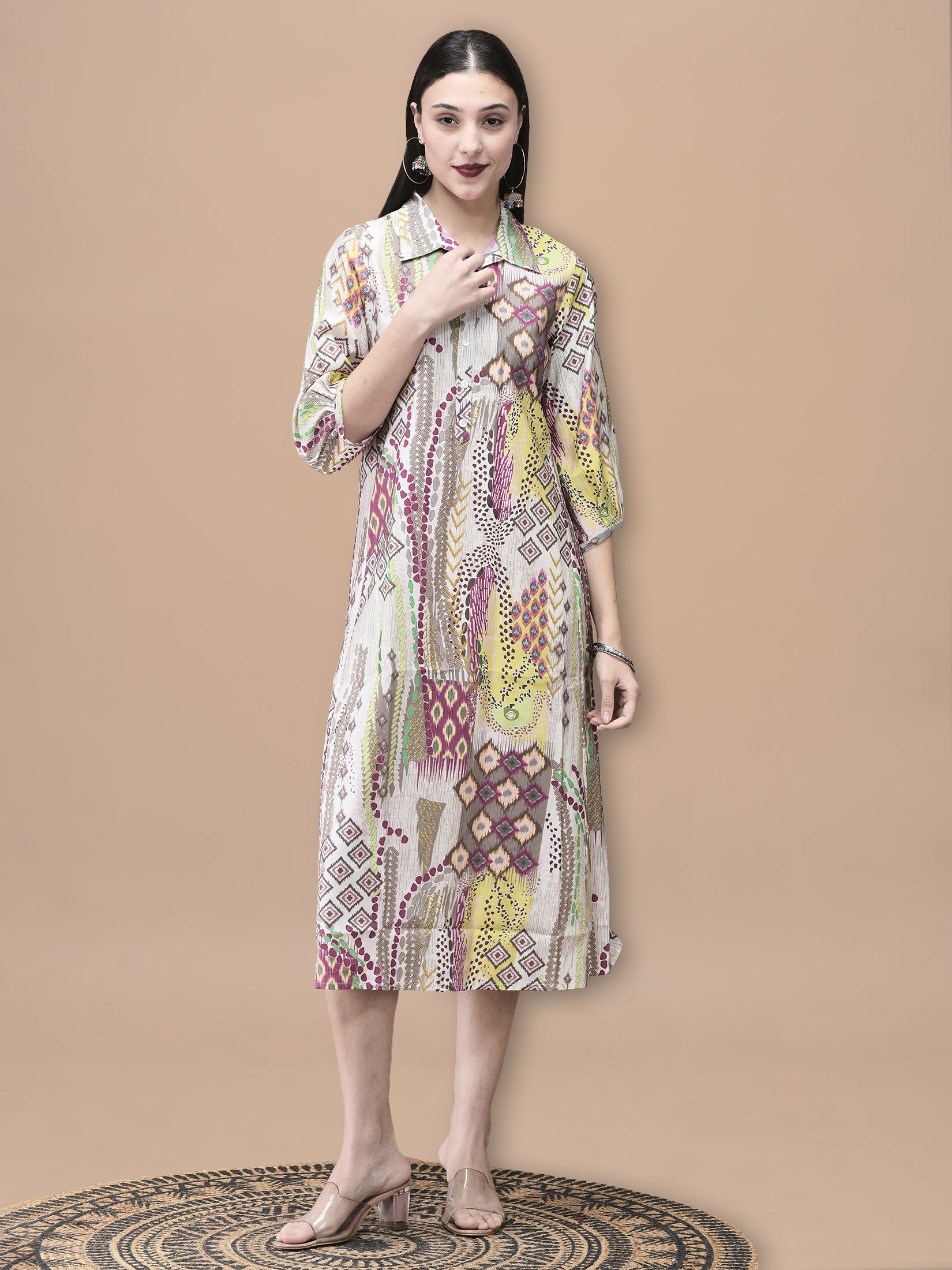 Women Chanderi Grey Ikat Print Dress
