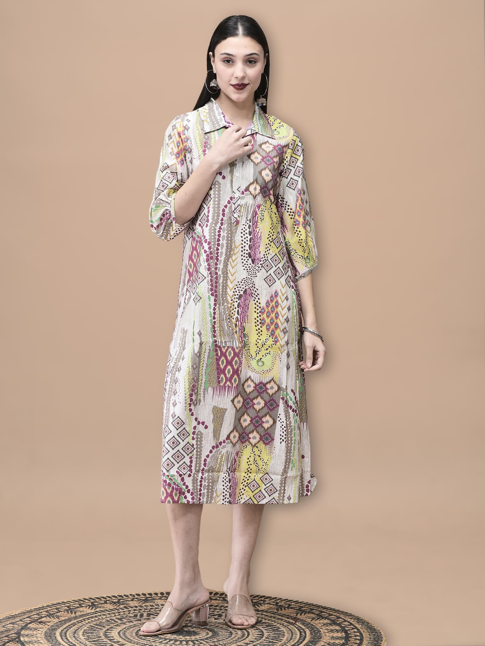Slate grey geometric Ikat print Chanderi silk premium high fashion dress byshree