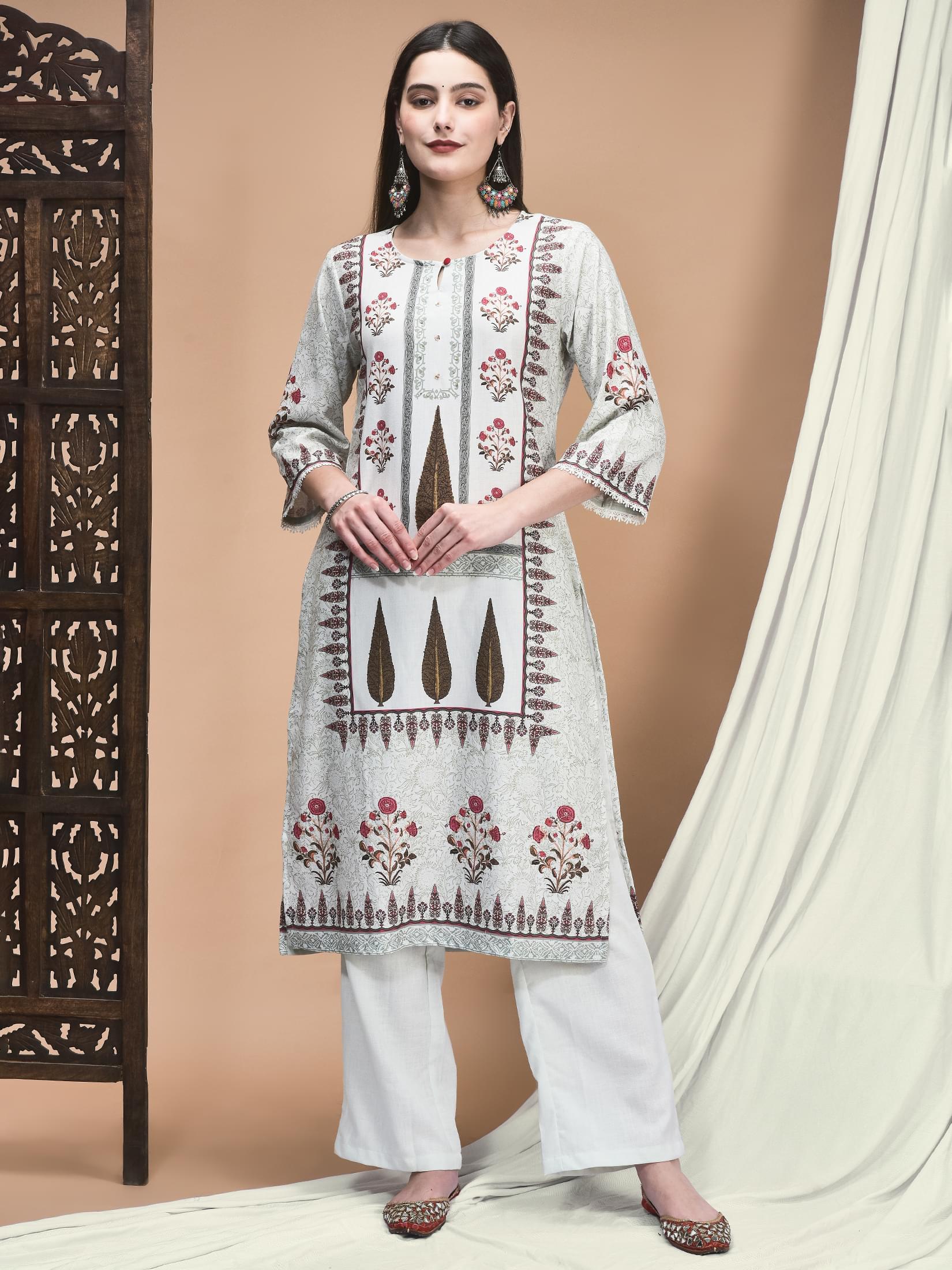 Women Linen Green Floral Print Kurta Comfort Pant Dupatta.