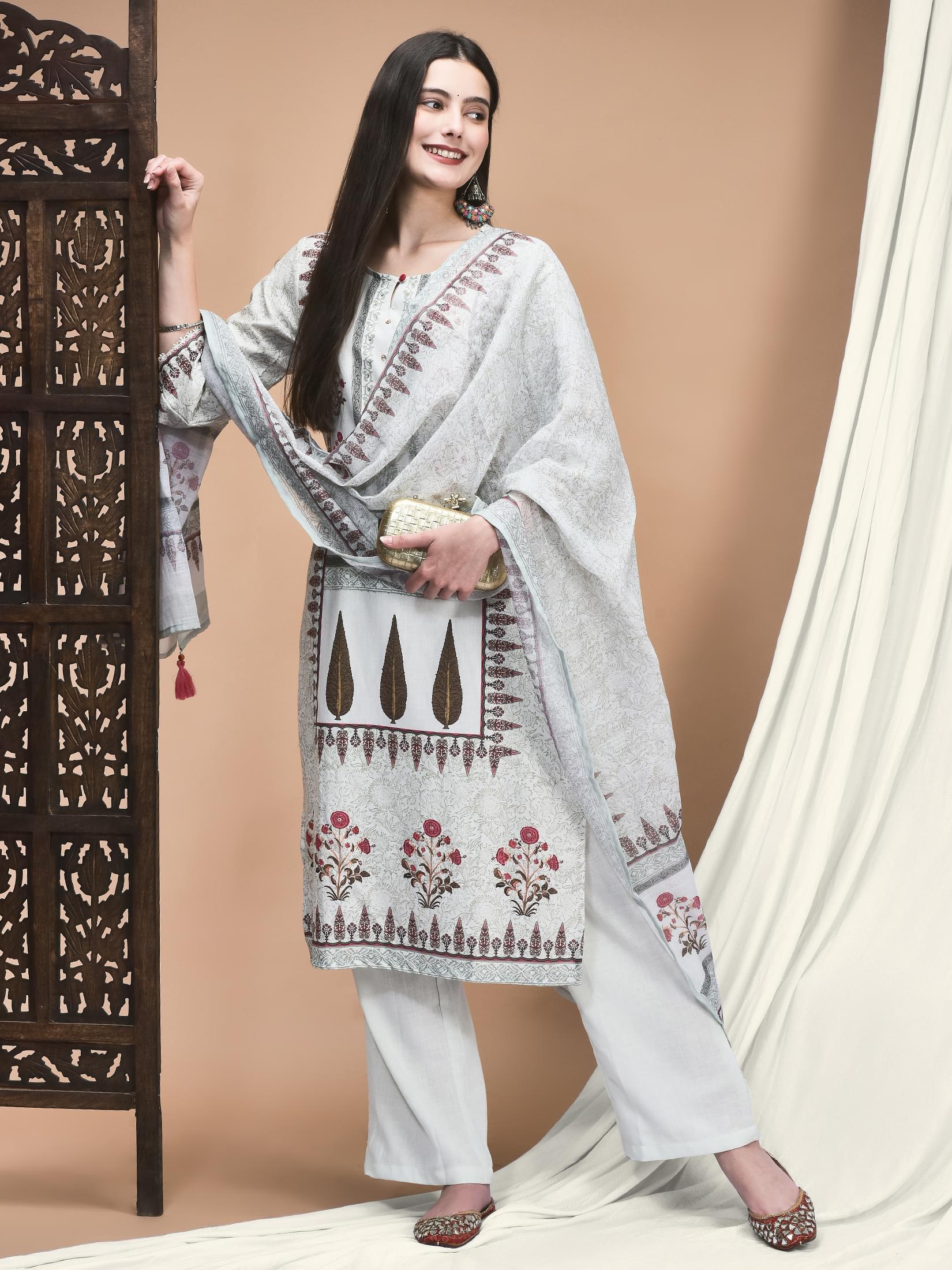 Women Linen Green Floral Print Kurta Comfort Pant Dupatta.