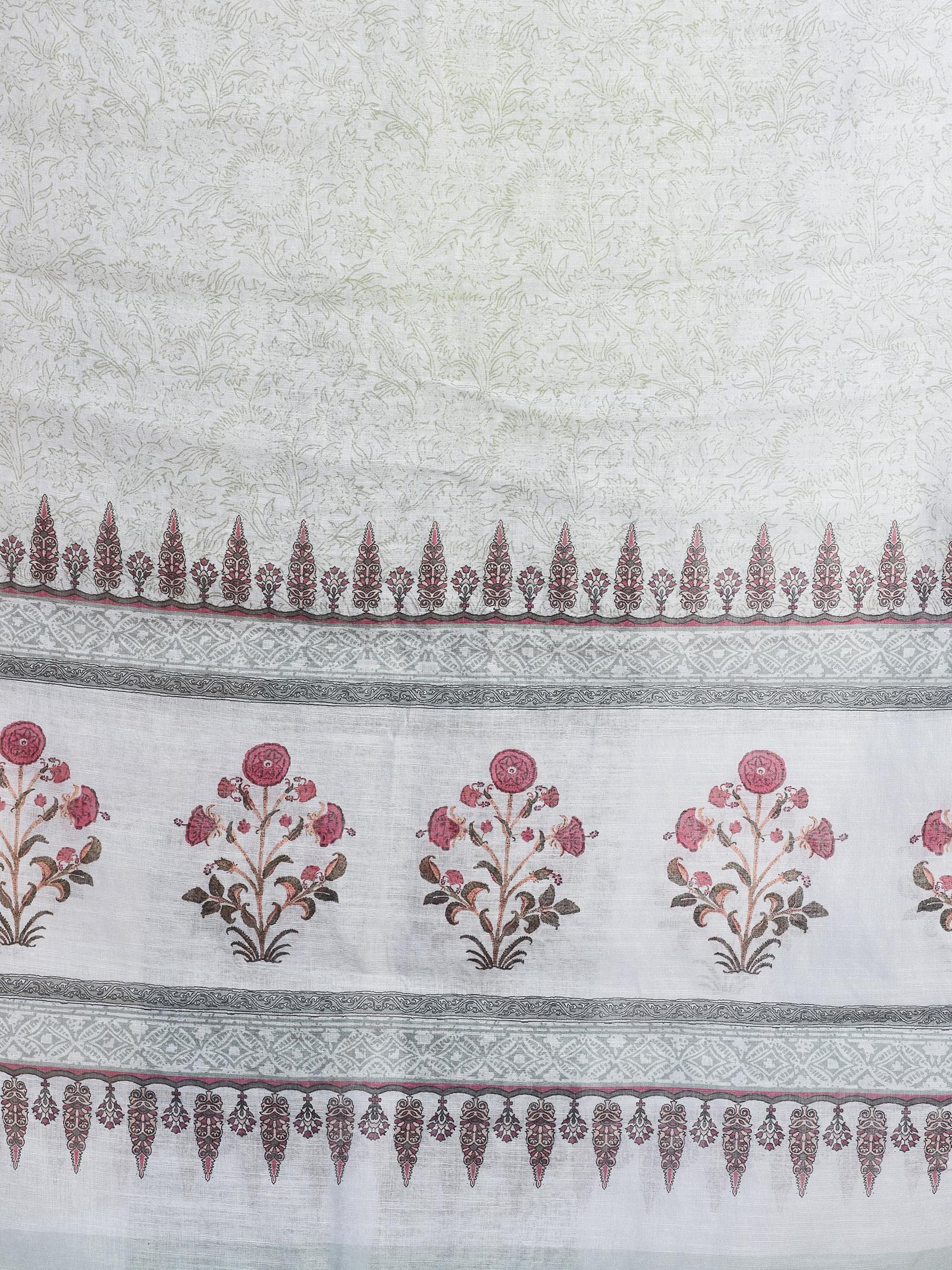 Women Linen Green Floral Print Kurta Comfort Pant Dupatta.