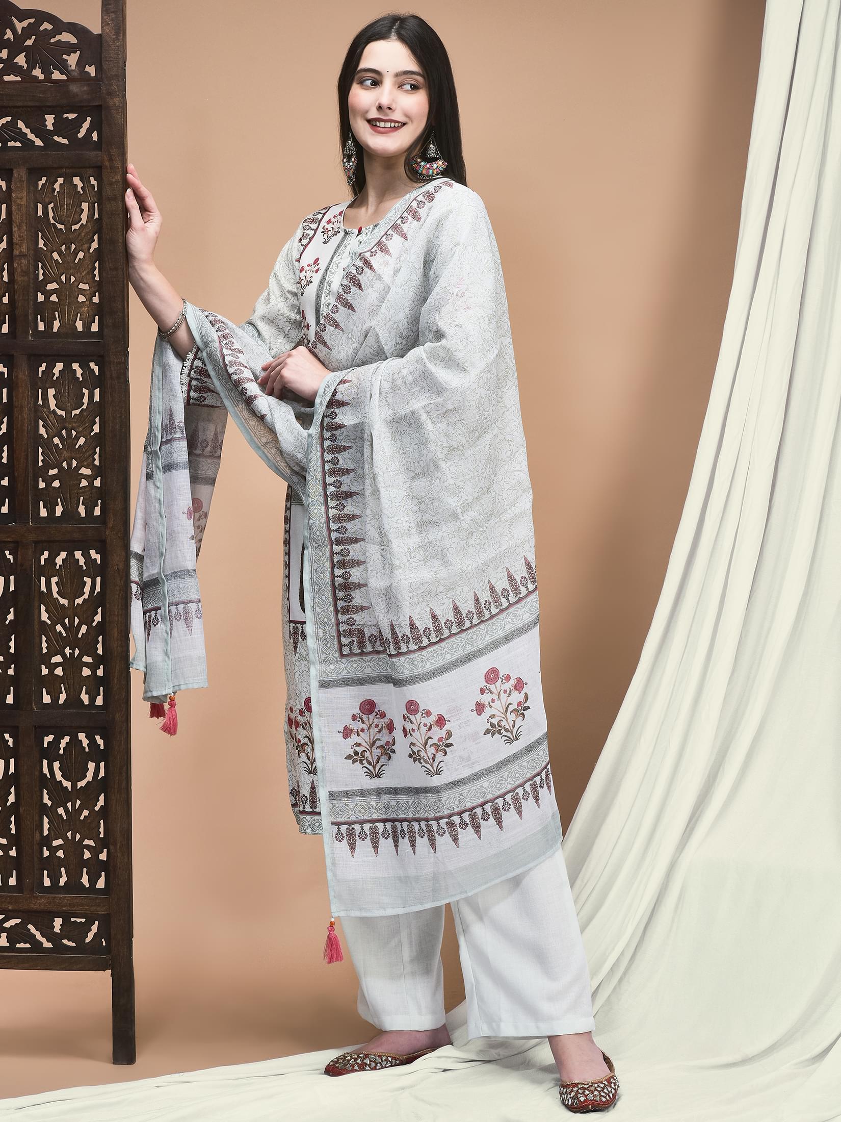 Women Linen Green Floral Print Kurta Comfort Pant Dupatta.