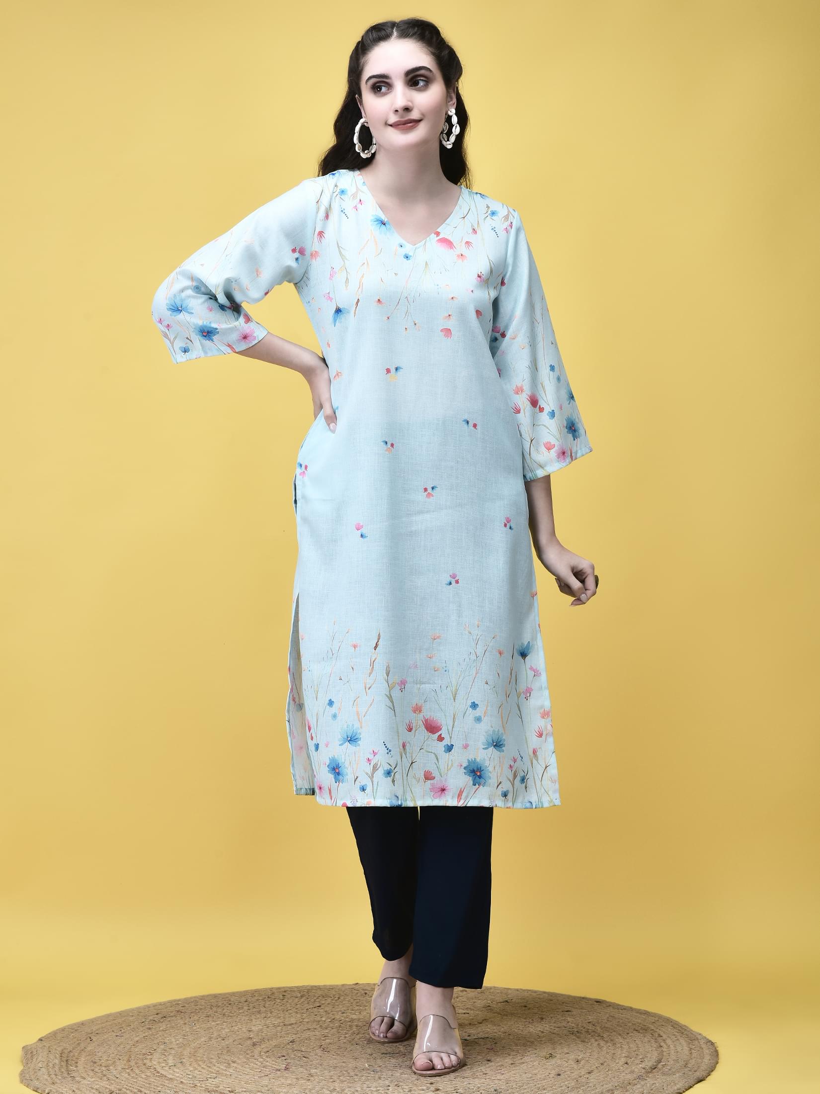 Women Linen Sky Blue Floral Print Kurta.