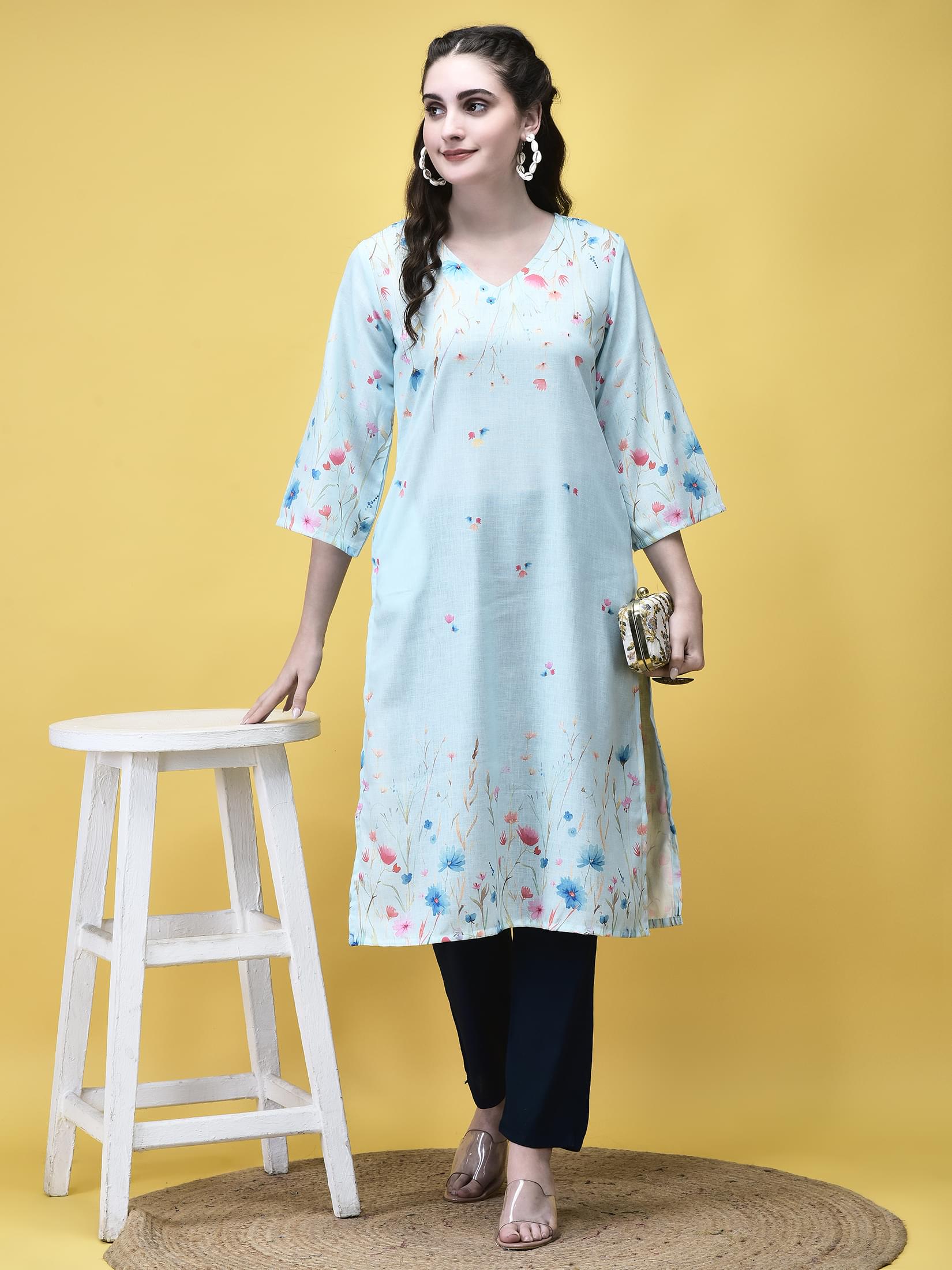 Women Linen Sky Blue Floral Print Kurta.