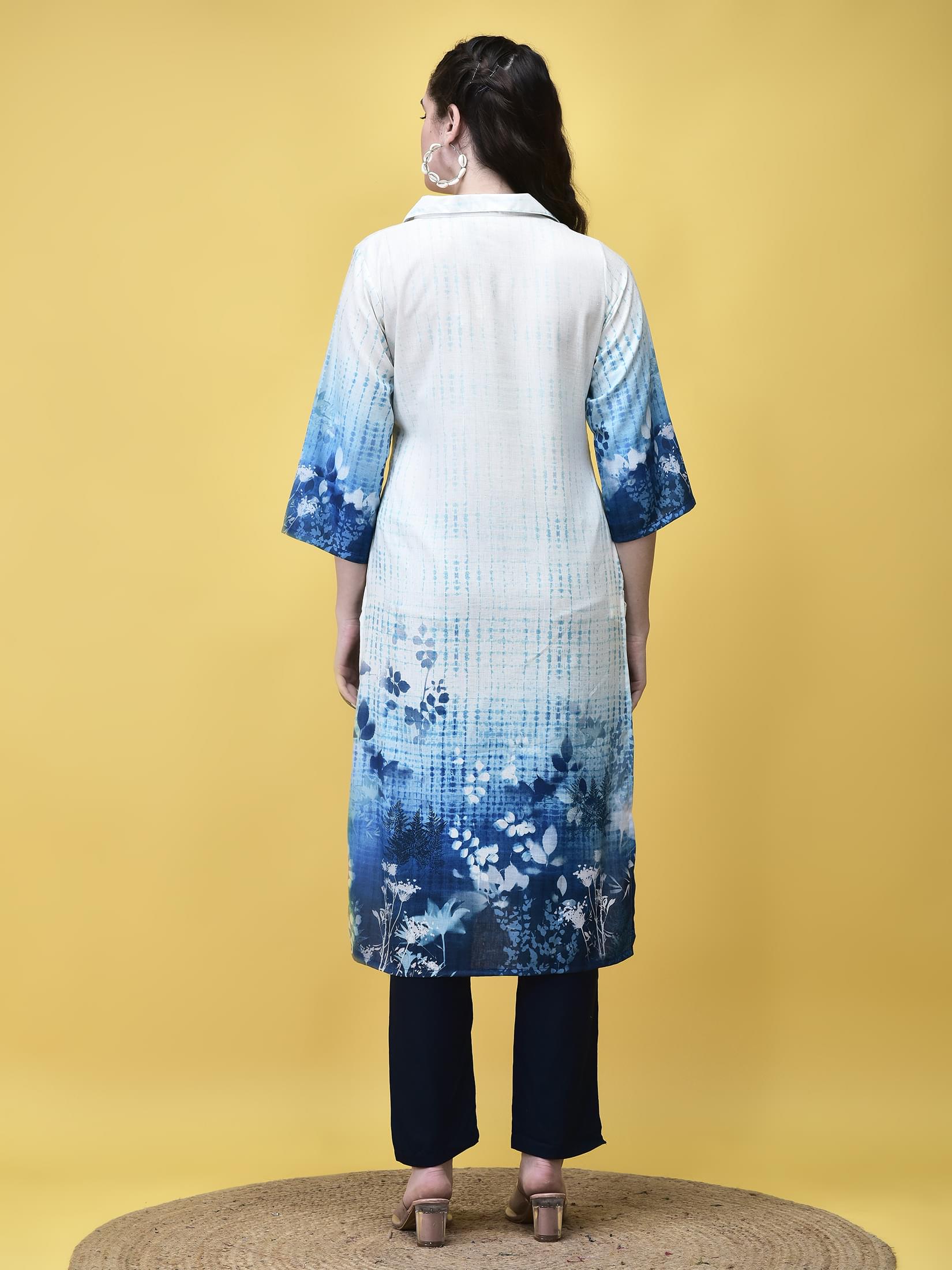 Women Linen Off White Floral Print Kurta.