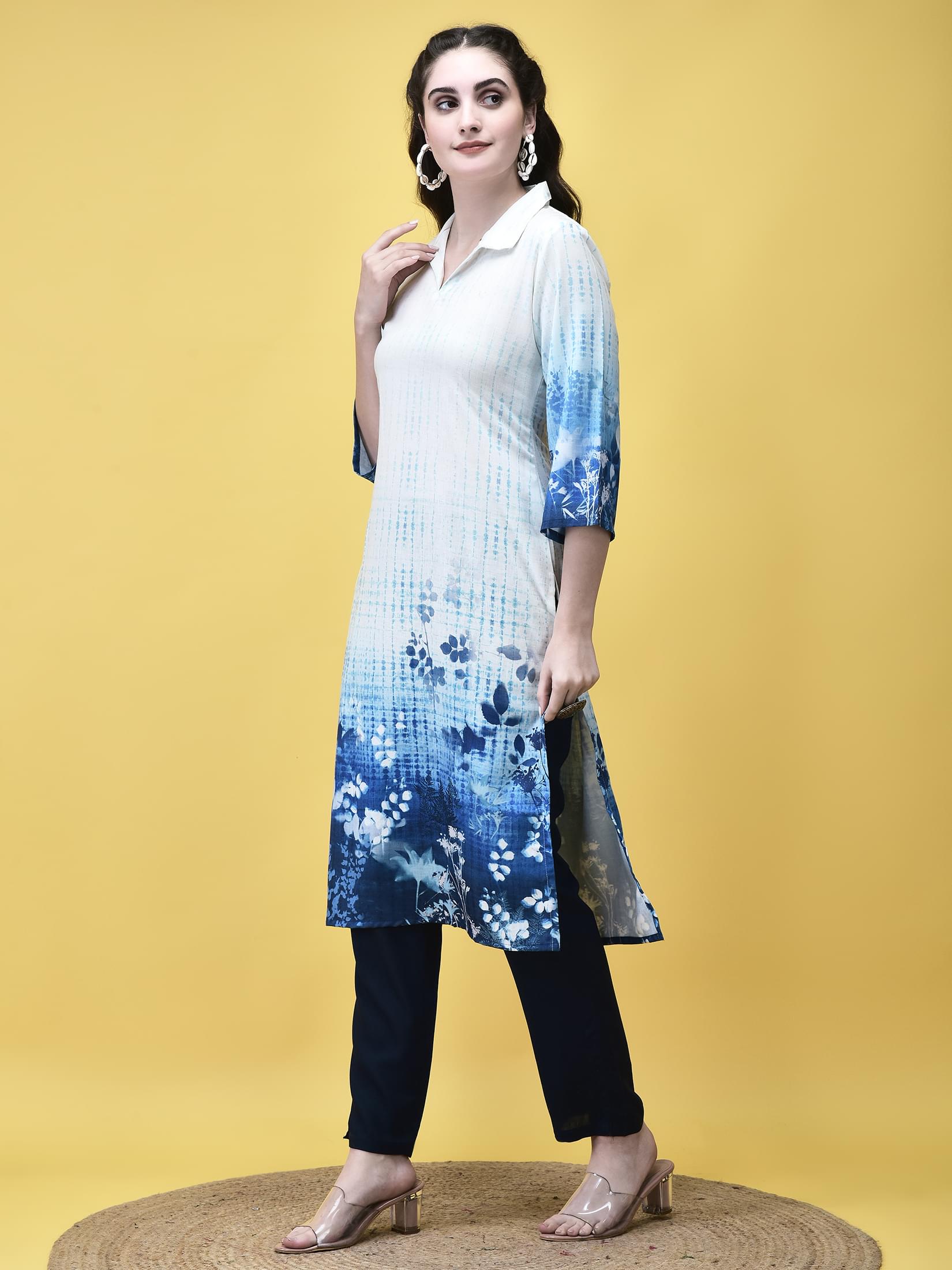 Women Linen Off White Floral Print Kurta.