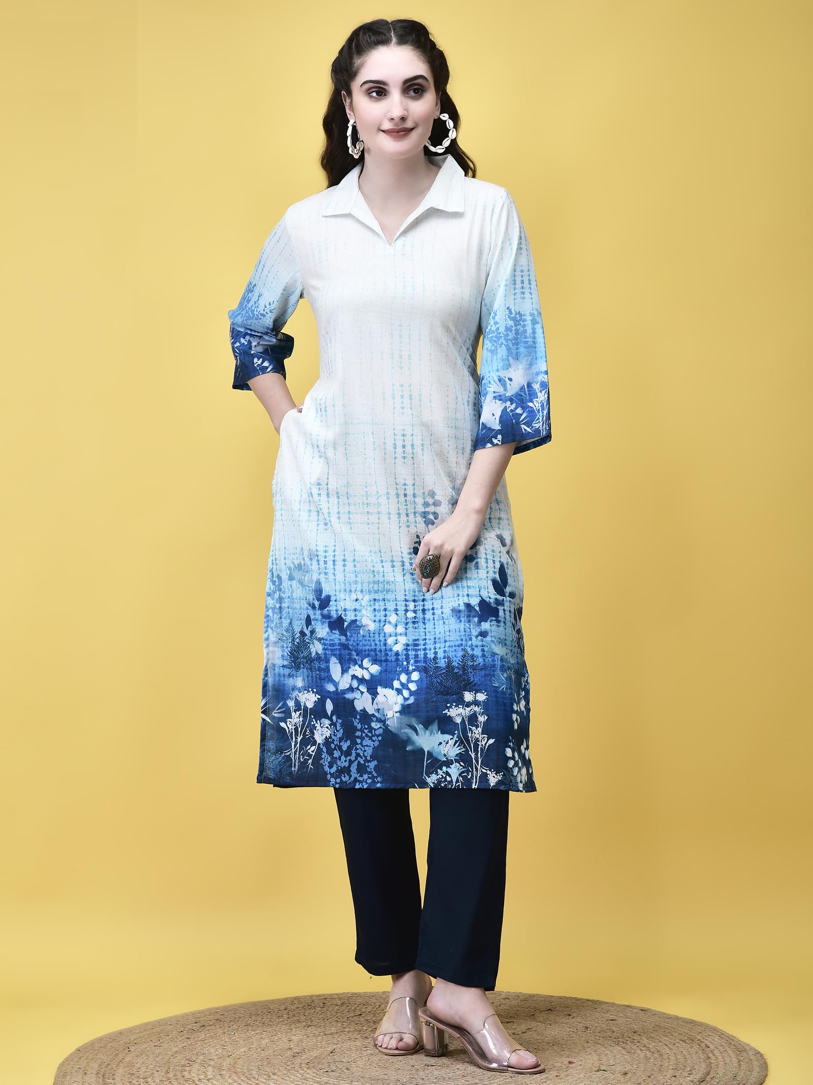 Women Linen Off White Floral Print Kurta.