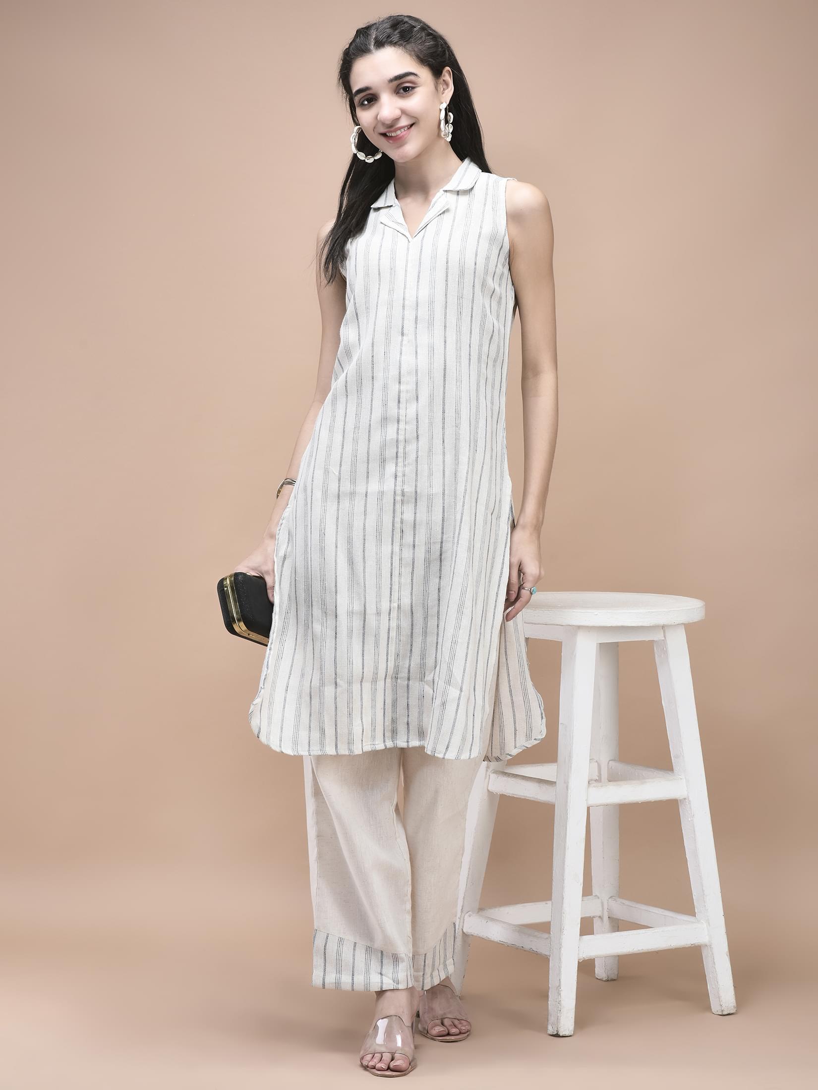 Off white self striped yarn dyed cotton straight kurta with comfort pants