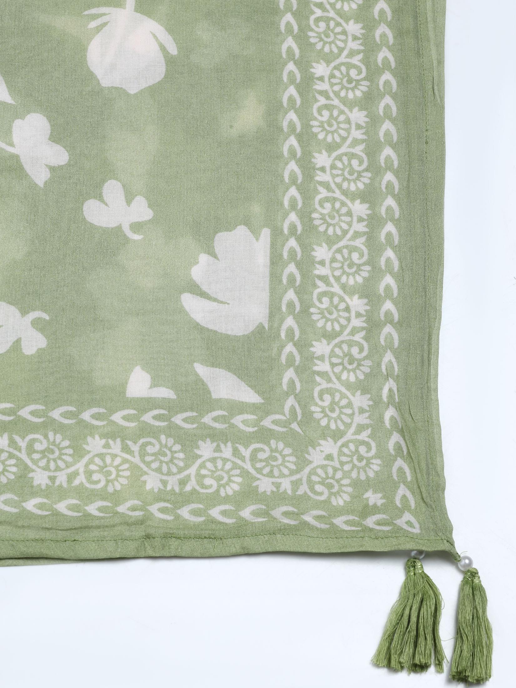 Women Liva Green Printed Kurta Comfort Pant Dupatta.