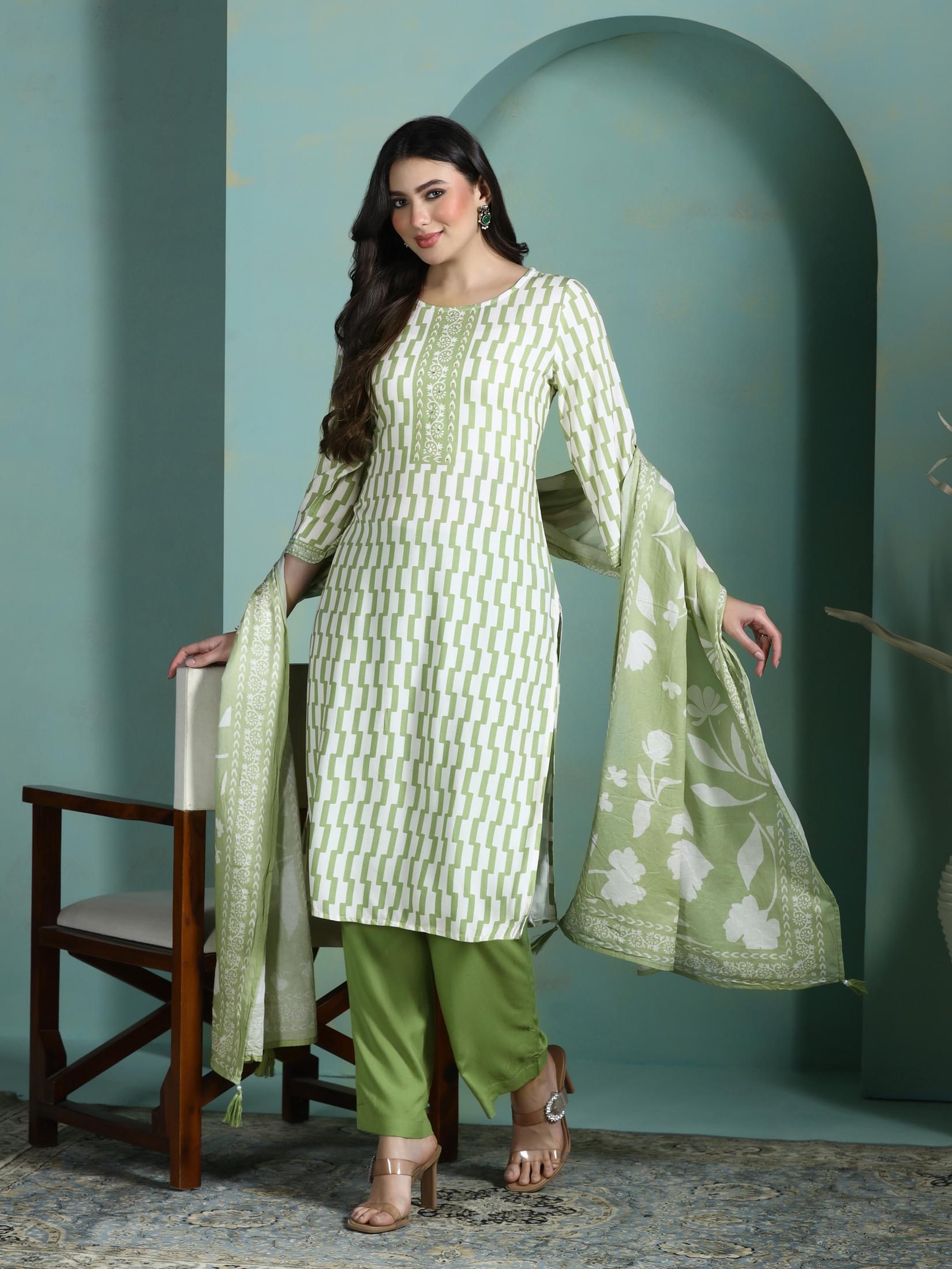 Bright green printed Liva fabric everyday wear straight salwar kameez set