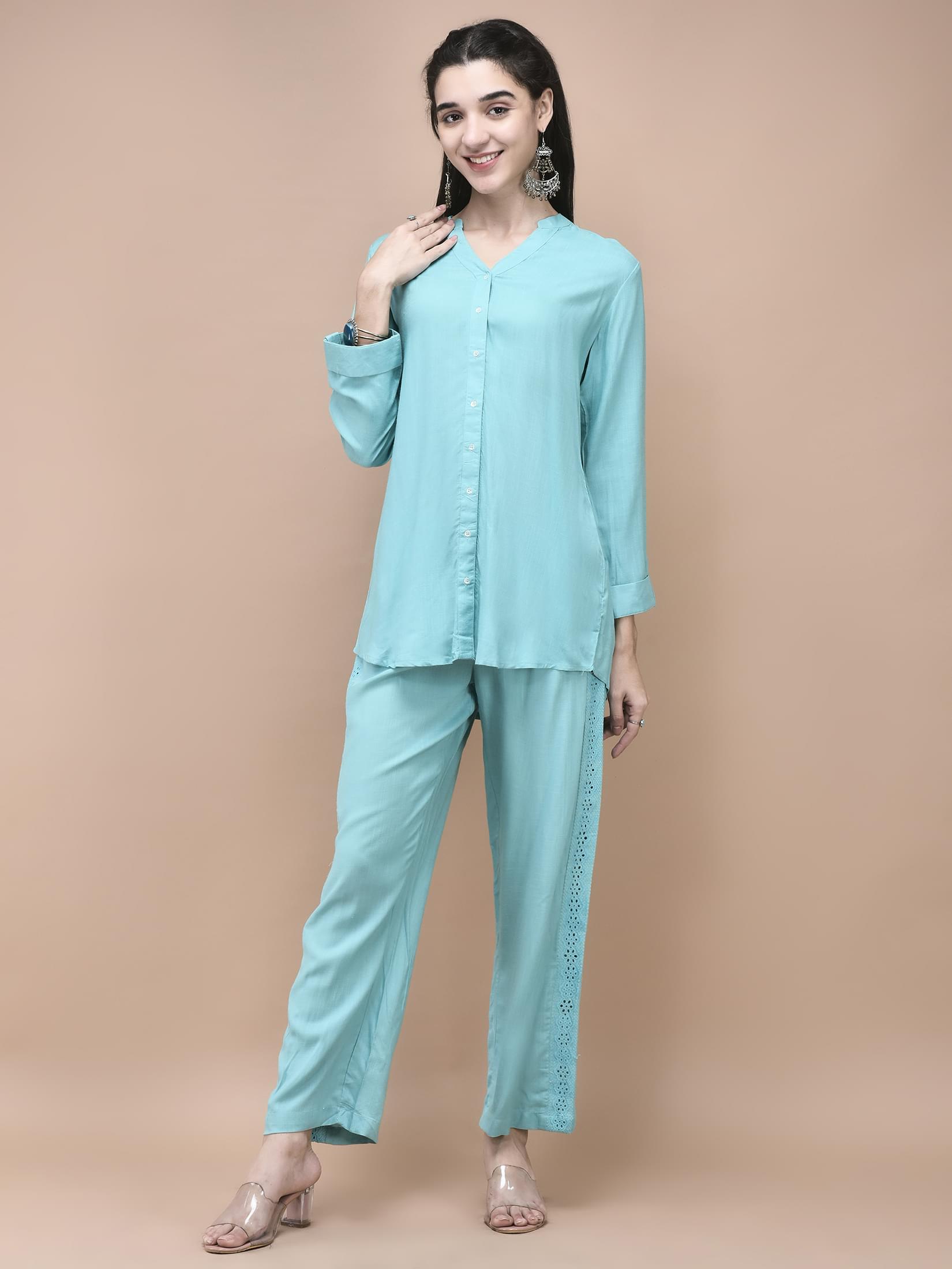Women Liva Blue Embroidered Co-Ord Set.
