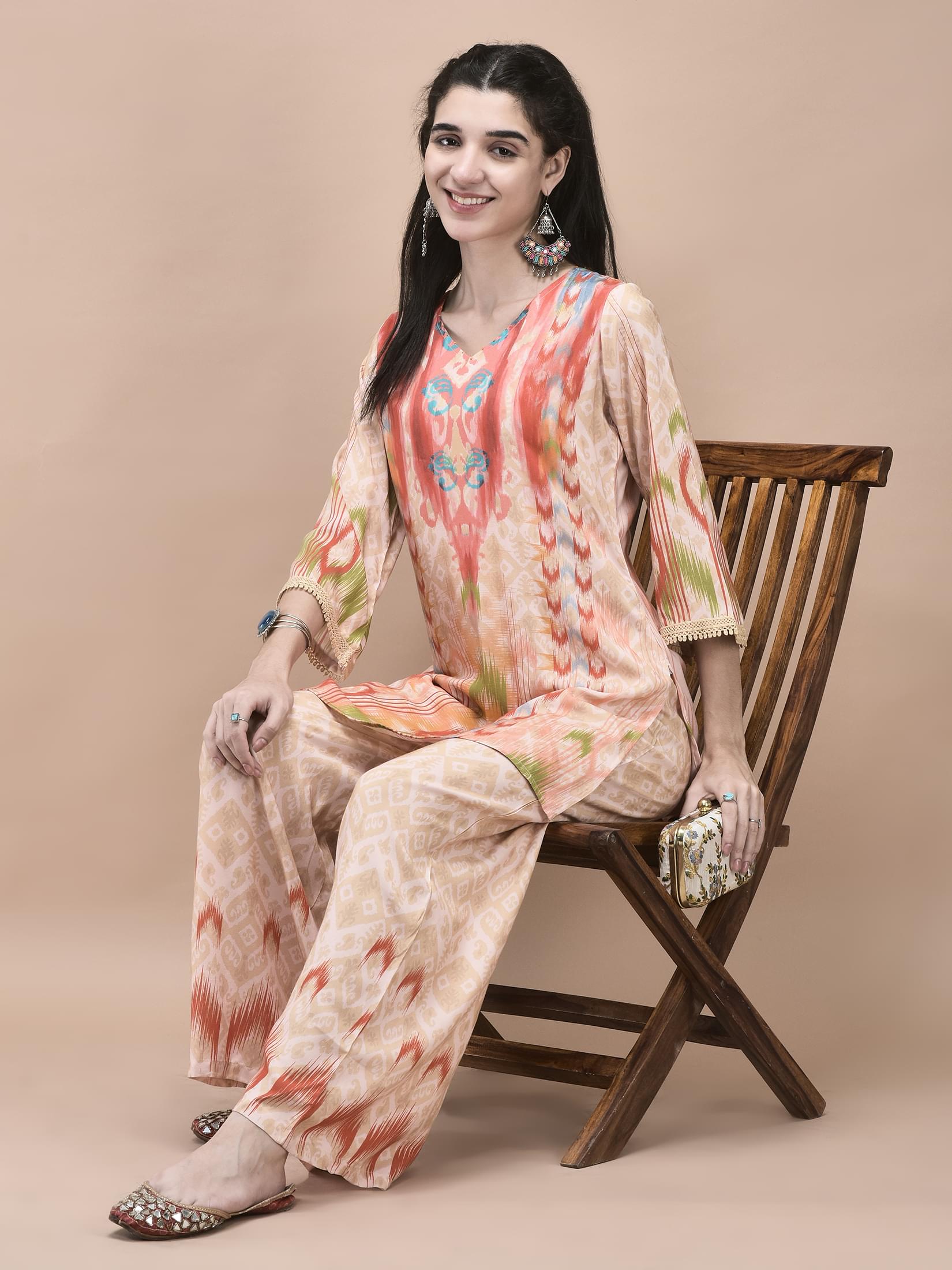 Multicolor traditional Ikat pattern print Liva fabric matching co-ord set
