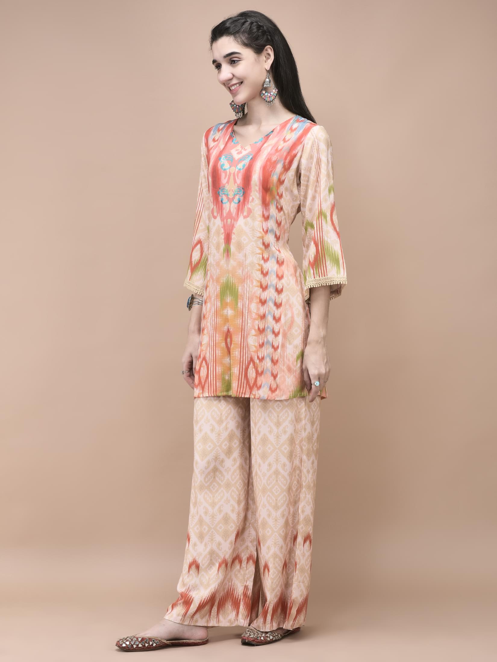 Women Liva Multicolor Ikat Print Co-Ord Set.