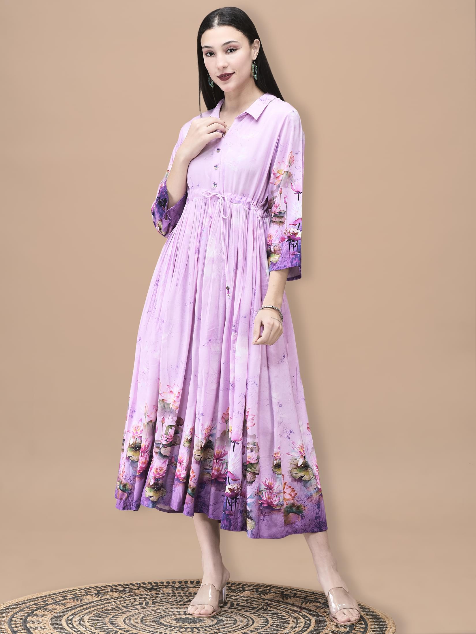 Pastel lilac floral bouquet print Liva soft fabric comfortable midi dress
