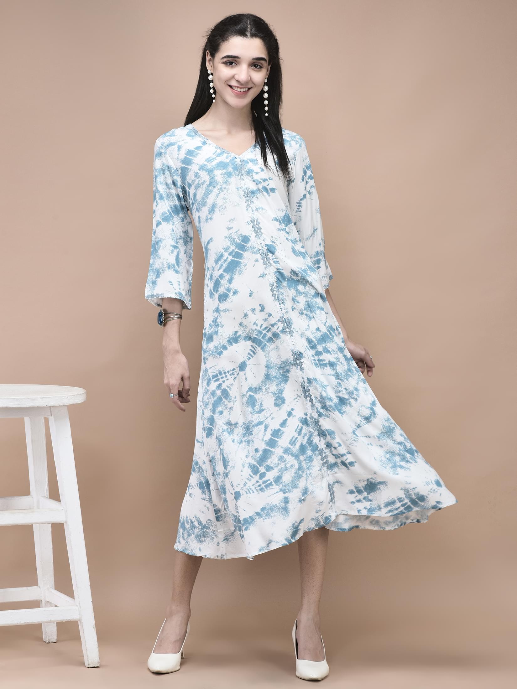 Cobalt blue modern tie dye print Liva fabric everyday casual flowy dress