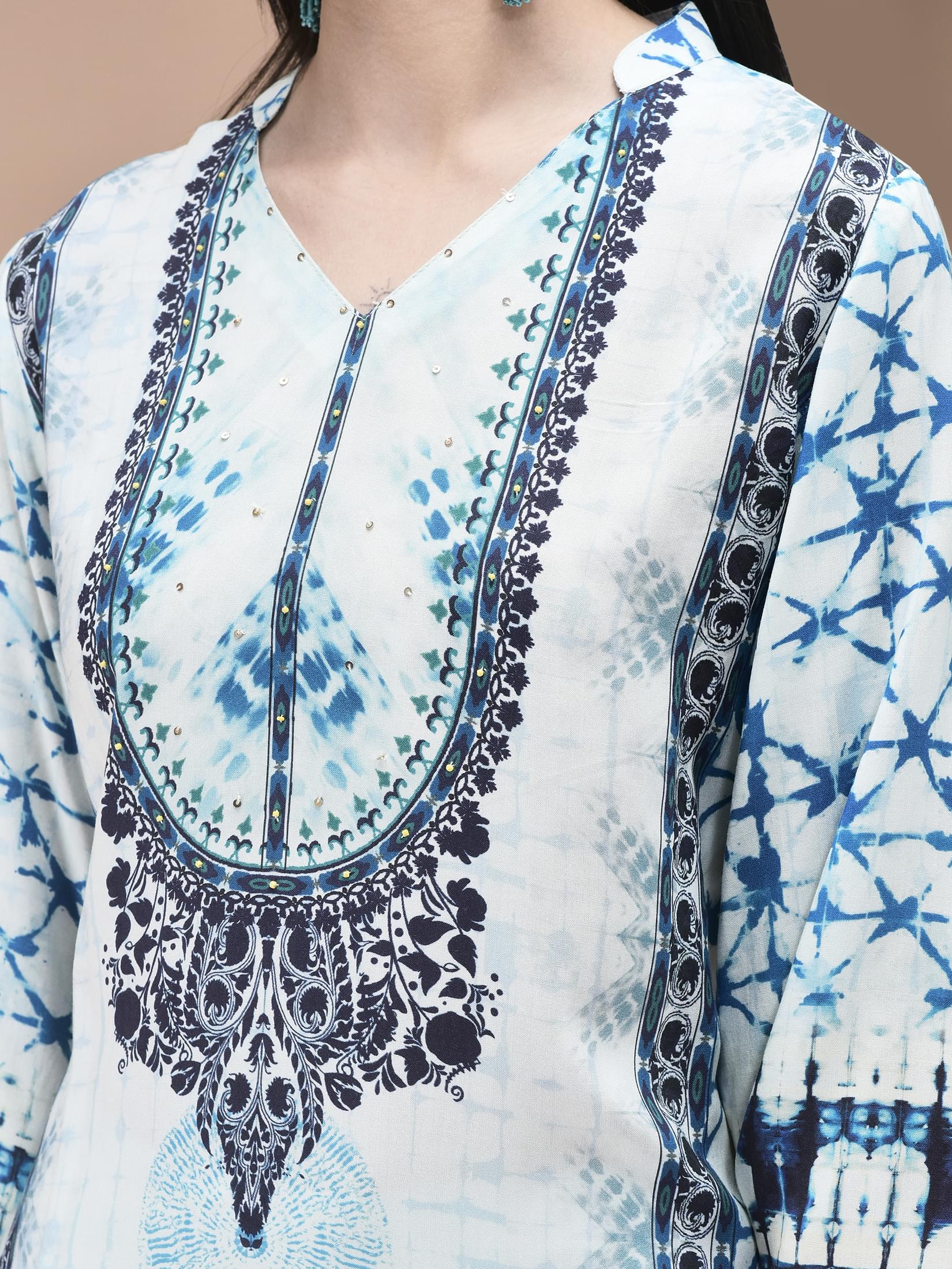 Women Liva Blue Tie Dye Print Kurta Comfort Pant Dupatta.