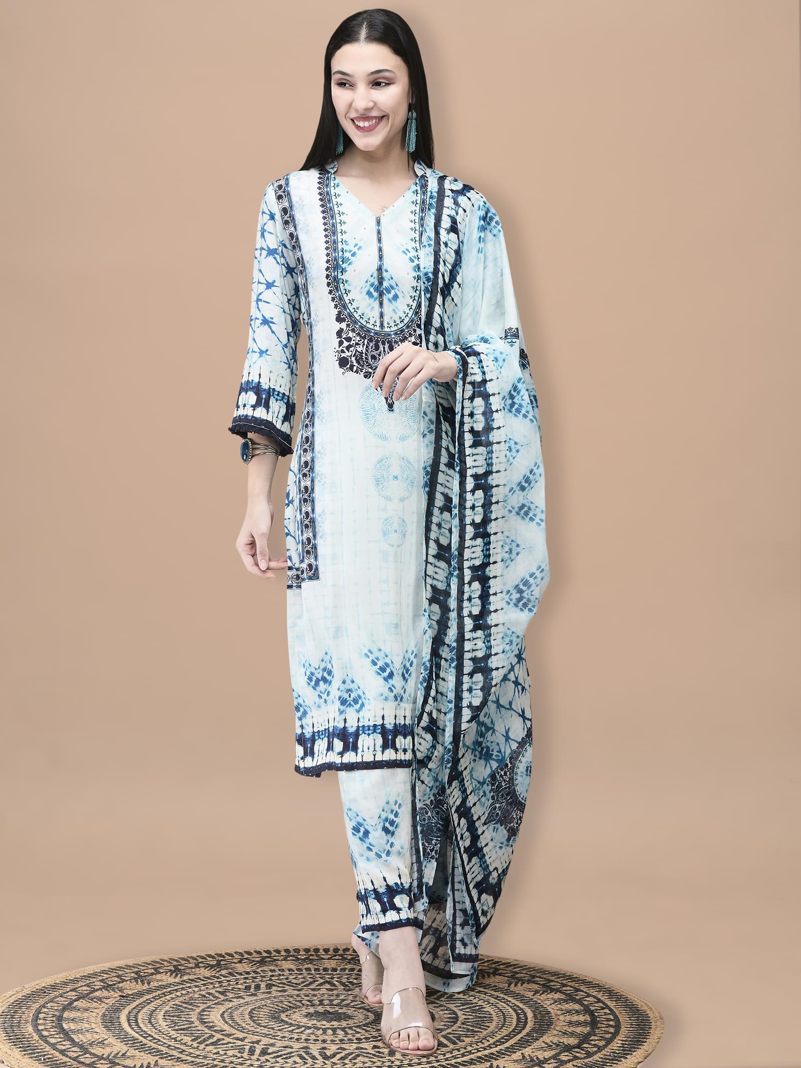Sky blue casual tie dye print Liva fabric relaxed fit dupatta suit set