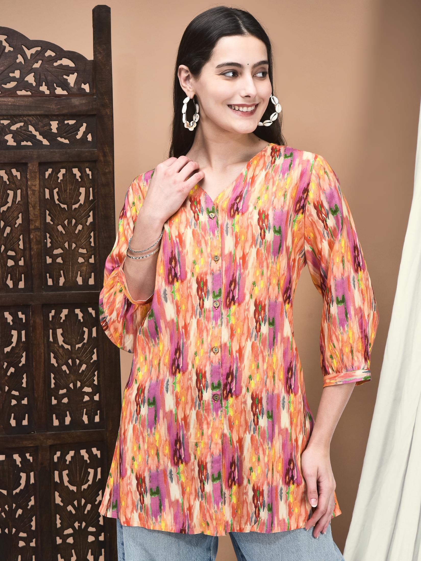 Women Liva Multicolor Abstract Print Tunic.