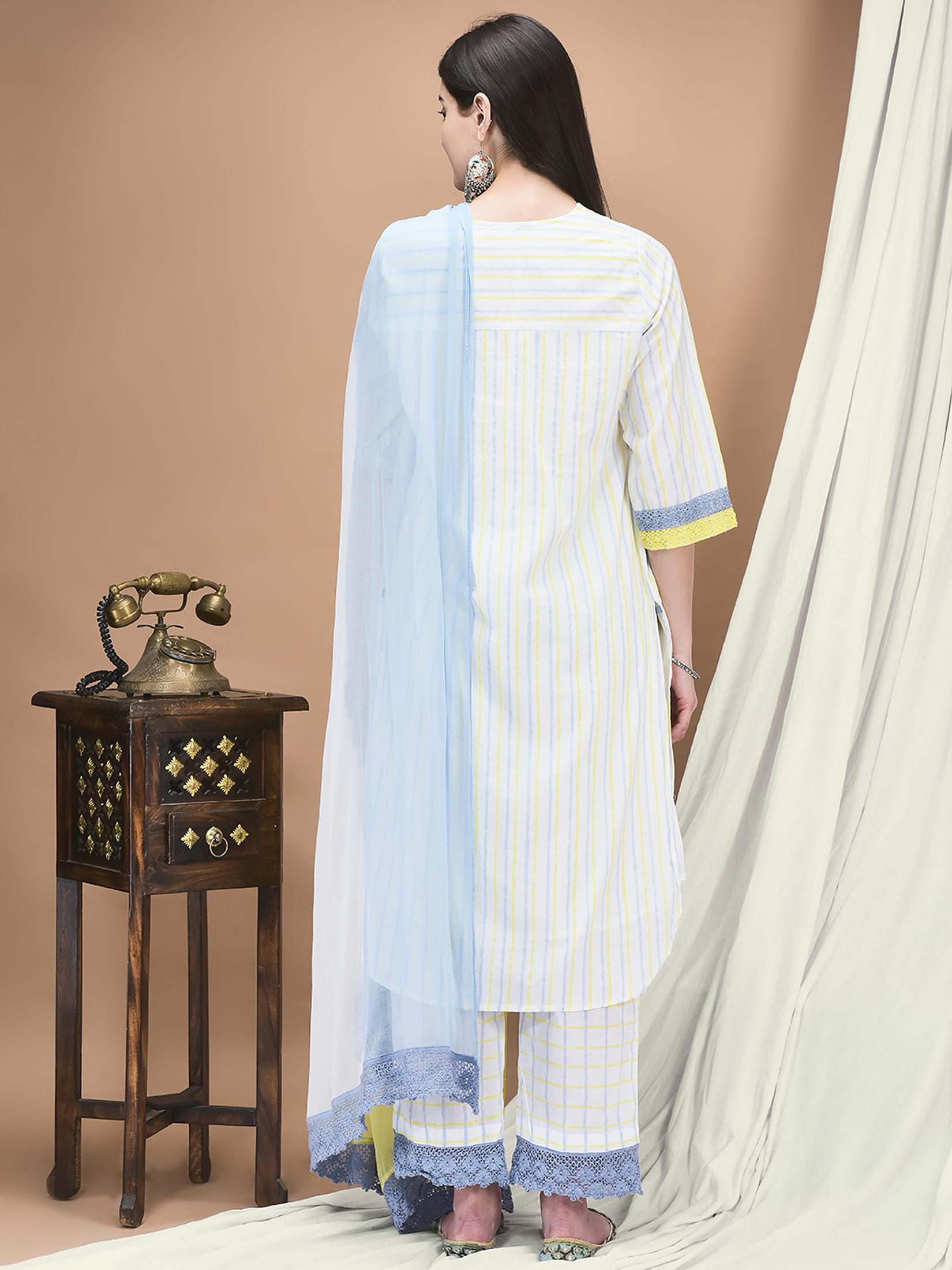 Women Cotton White Stripe Print Kurta Comfort Pant Dupatta.