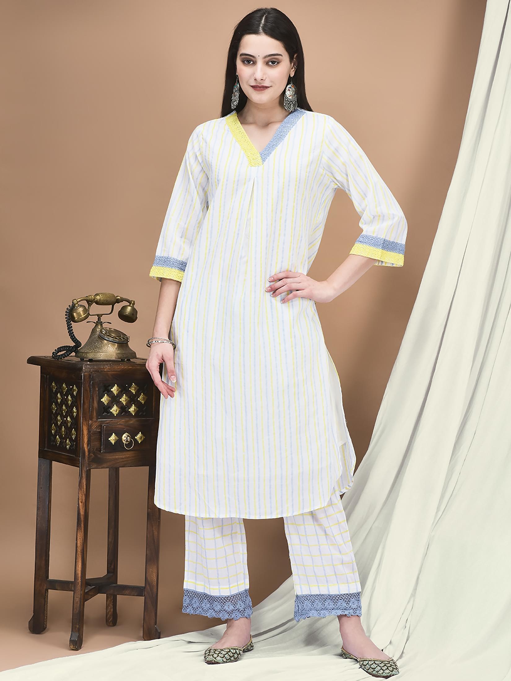 Women Cotton White Stripe Print Kurta Comfort Pant Dupatta.