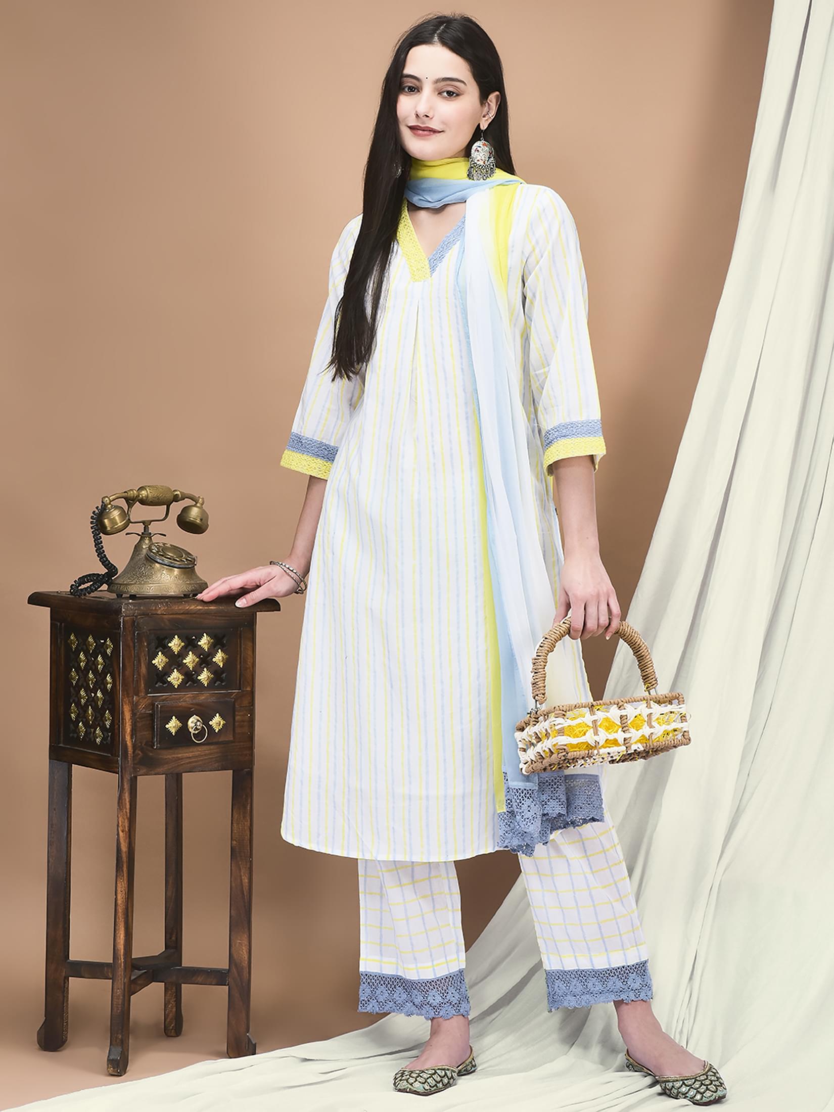 Women Cotton White Stripe Print Kurta Comfort Pant Dupatta.