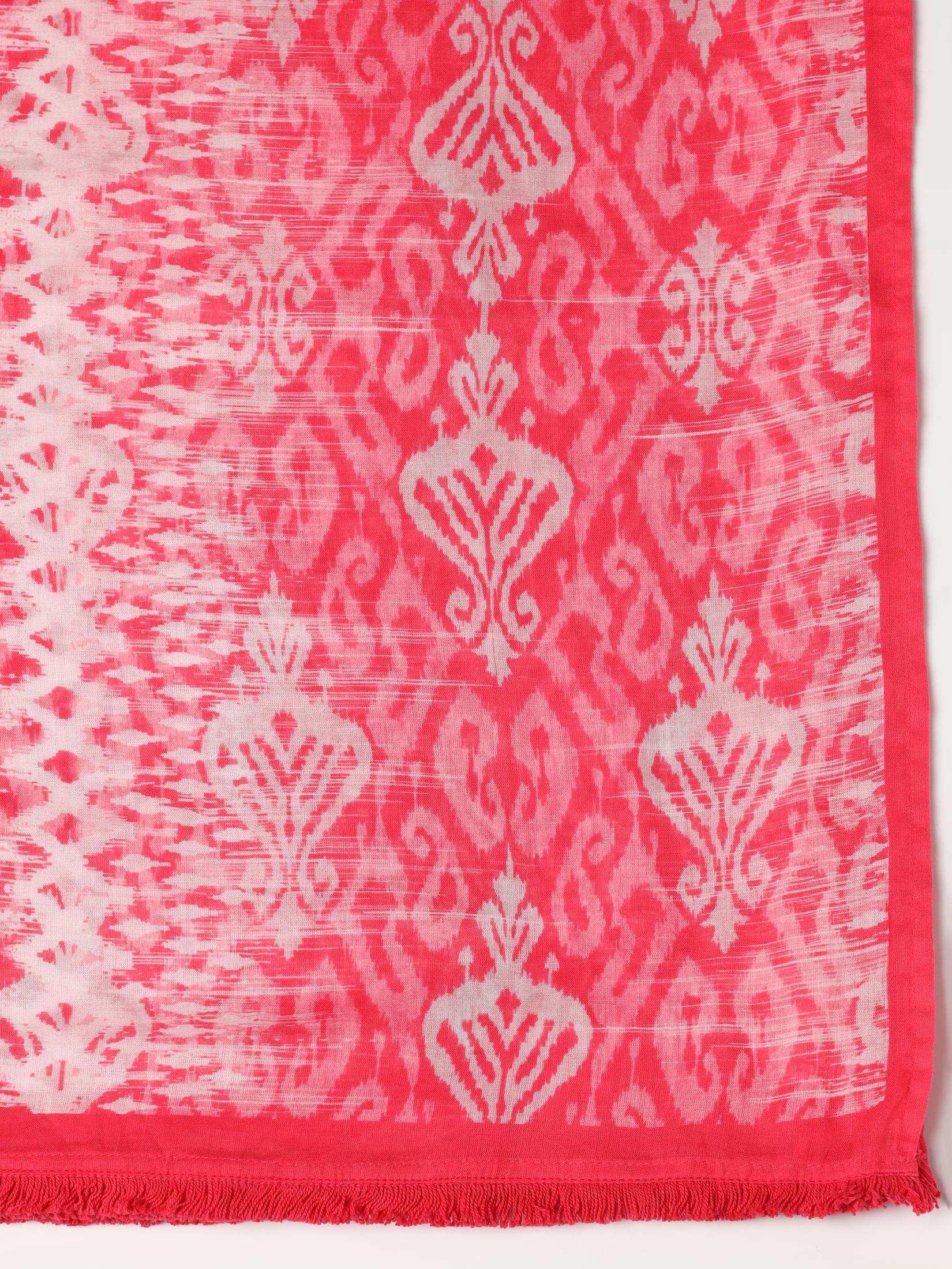 Women Liva Pink Ikat Print Kurta Comfort Pant Dupatta.