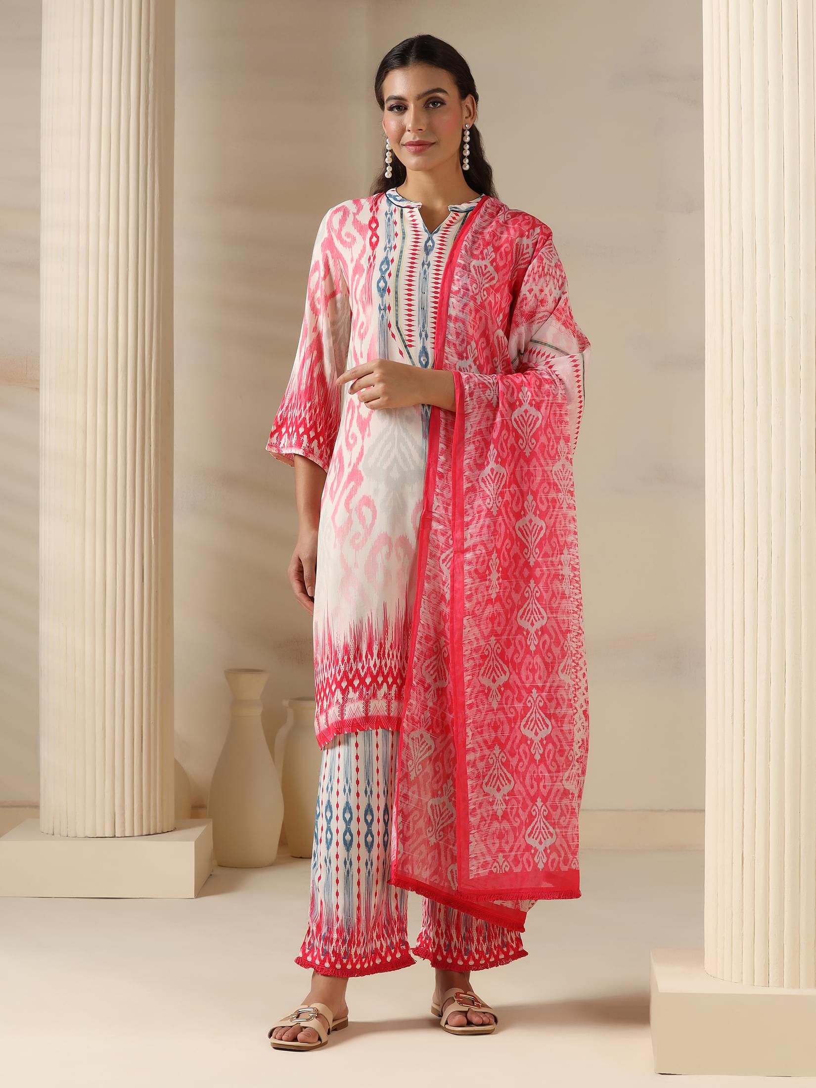 Bright pink traditional Ikat geometric print Liva fabric dupatta suit set