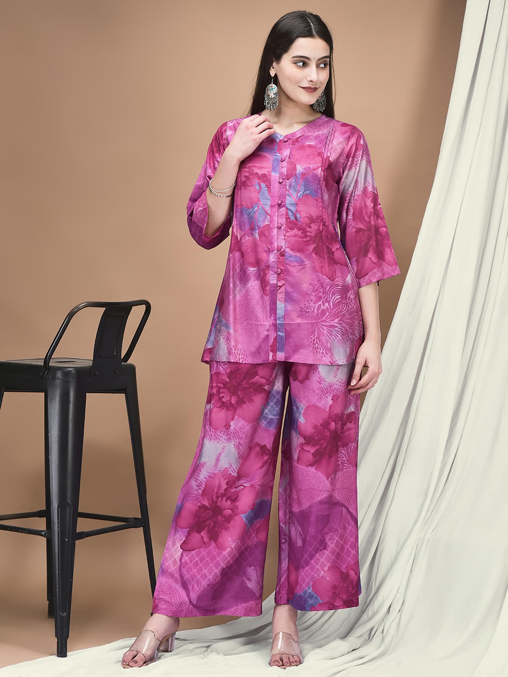 Women Liva Lilac Printed Co-Ord Set.
