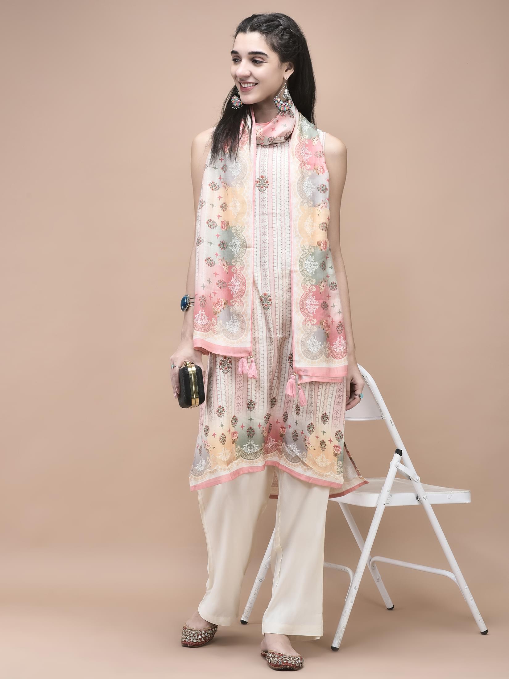 Women Silk Blend Multicolor Mughal Print Kurta Comfort Pant Dupatta.
