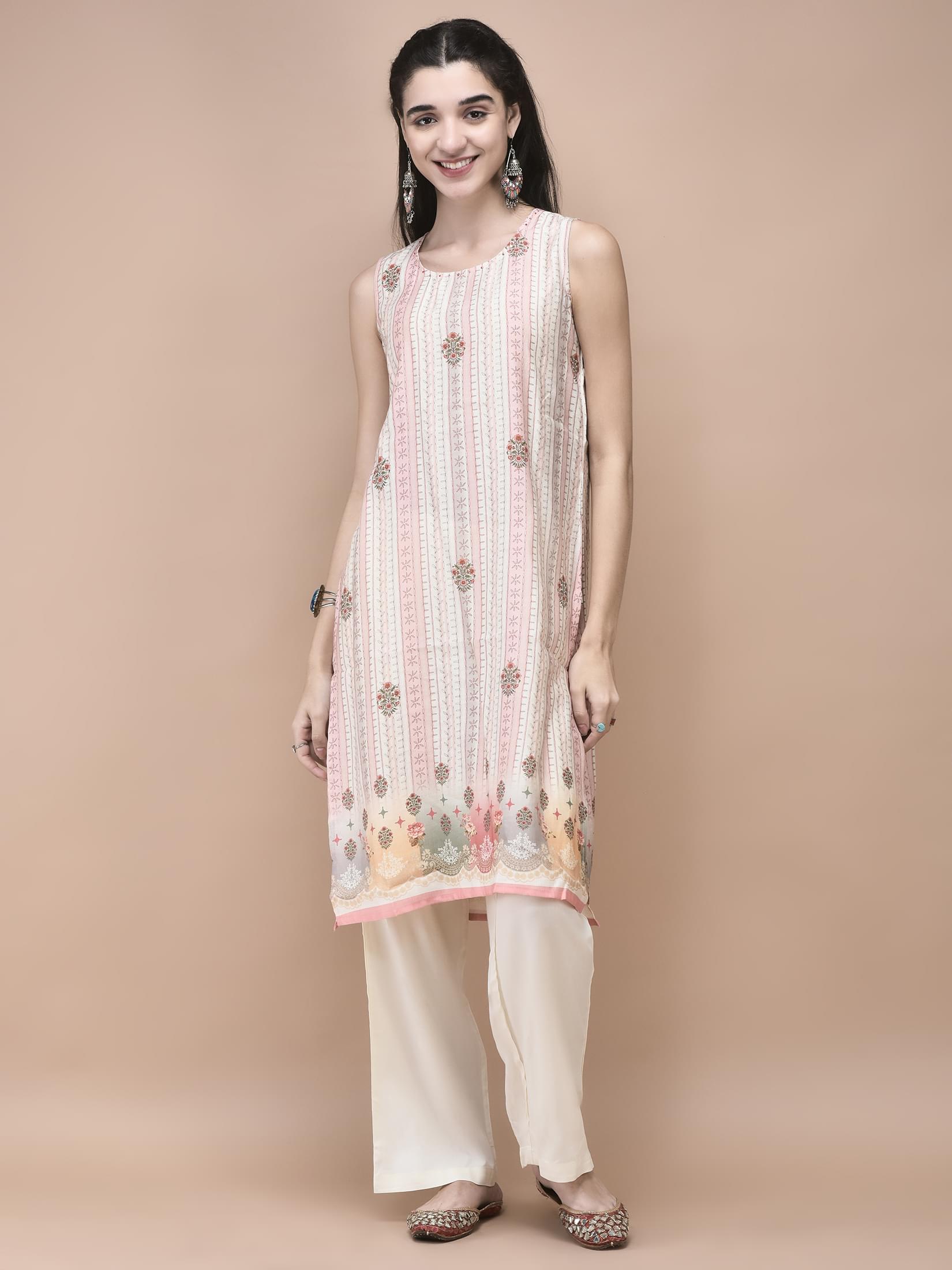 Women Silk Blend Multicolor Mughal Print Kurta Comfort Pant Dupatta.