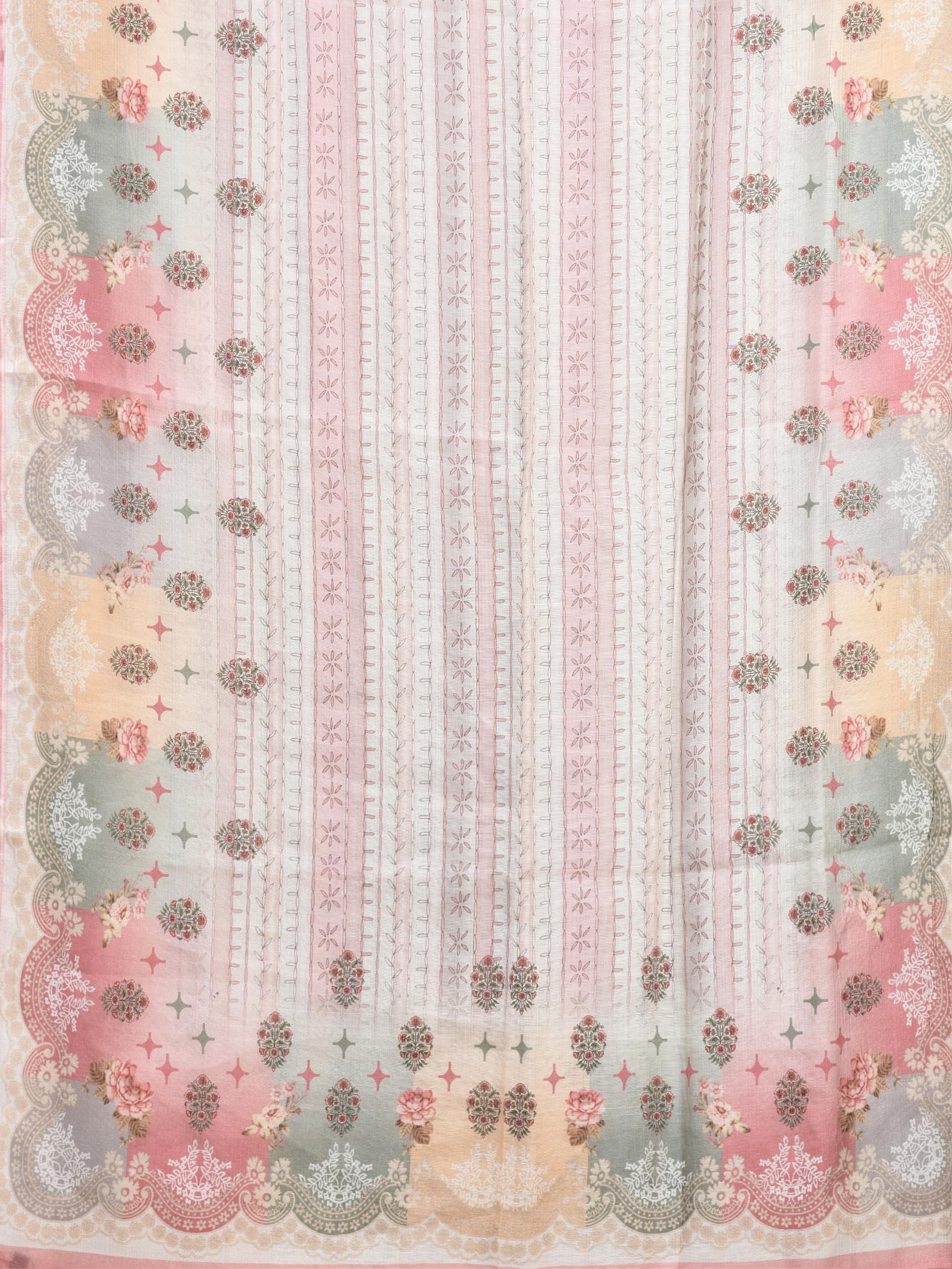 Women Silk Blend Multicolor Mughal Print Kurta Comfort Pant Dupatta.