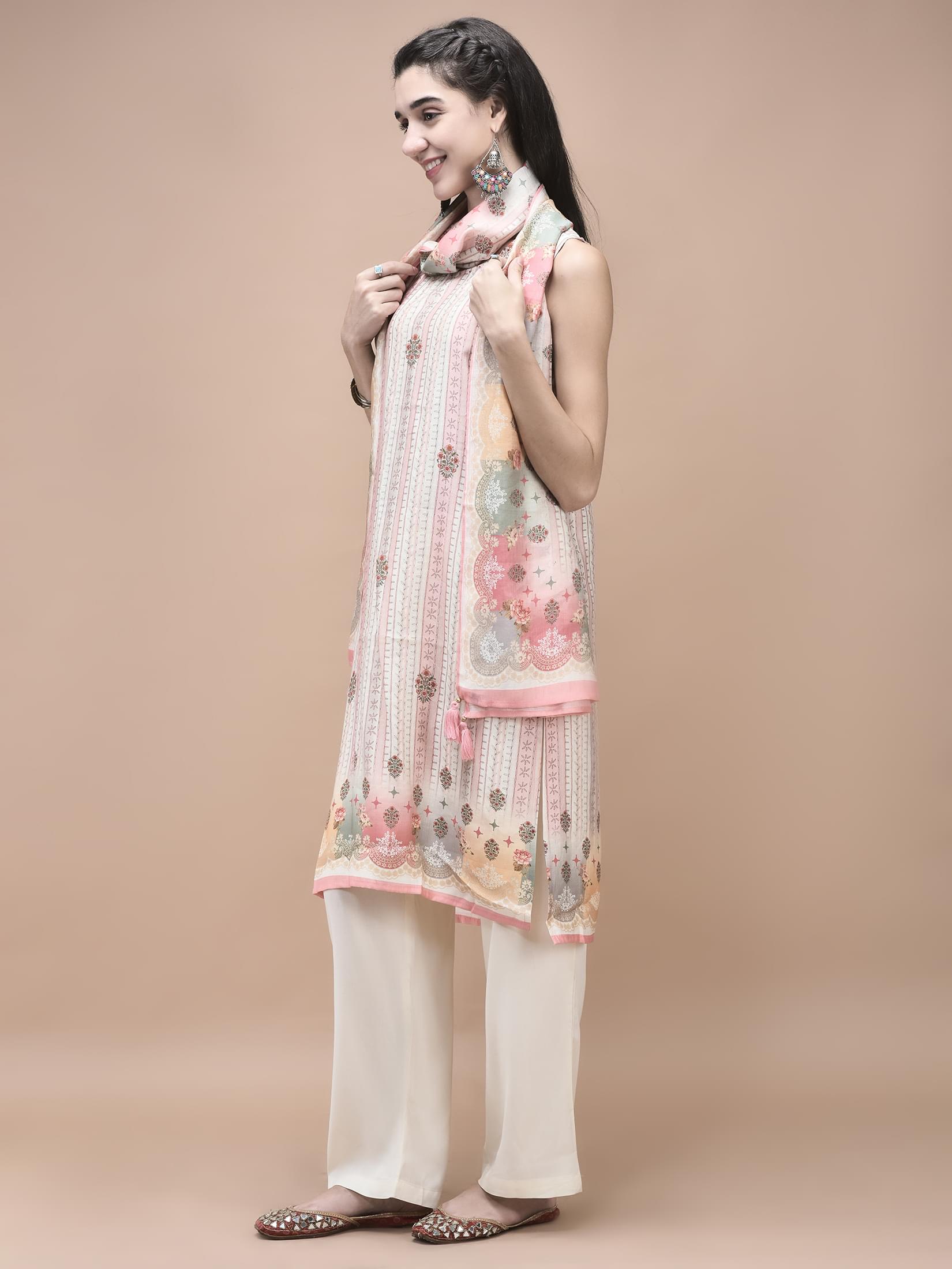 Women Silk Blend Multicolor Mughal Print Kurta Comfort Pant Dupatta.