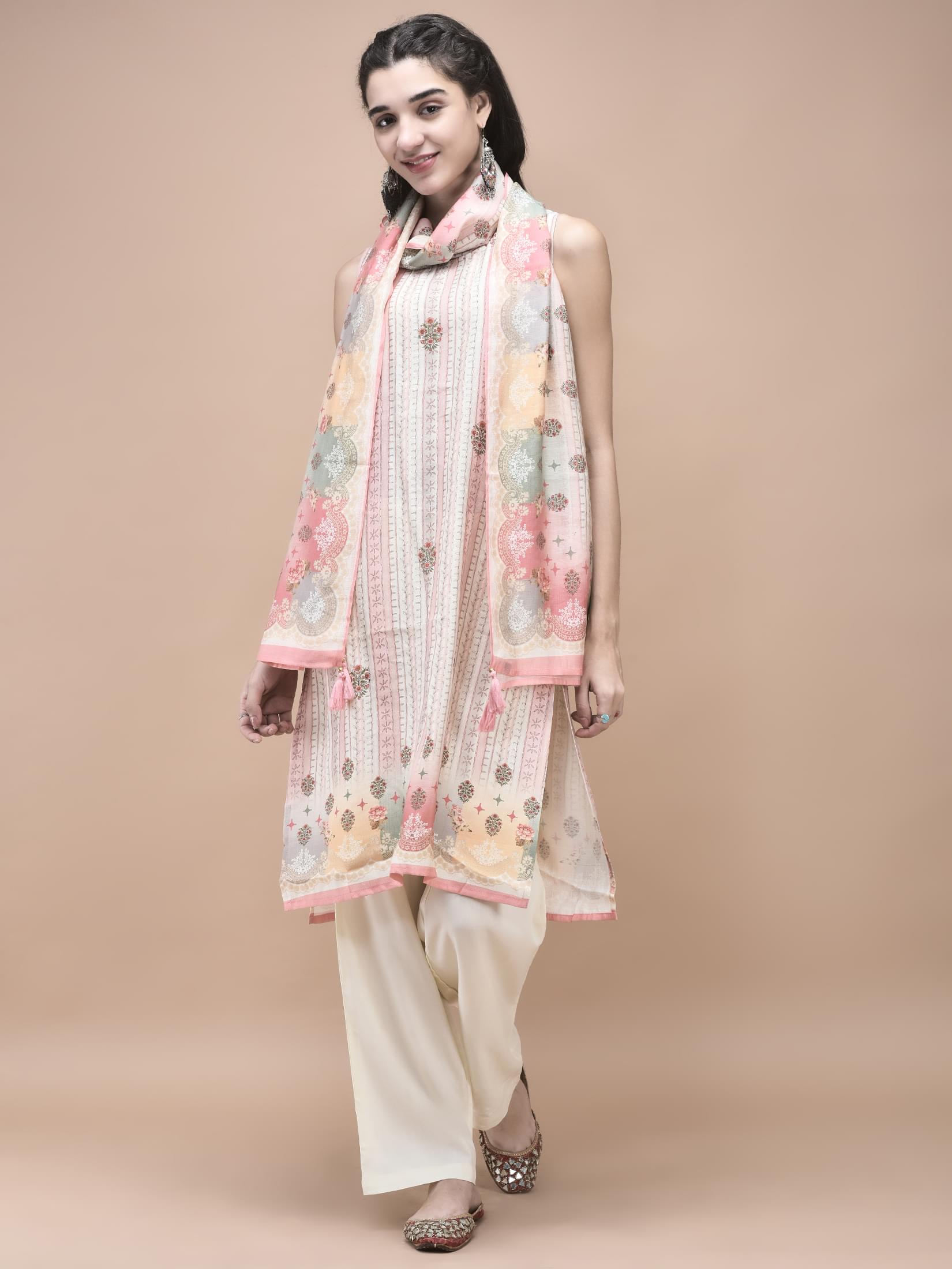 Women Silk Blend Multicolor Mughal Print Kurta Comfort Pant Dupatta.
