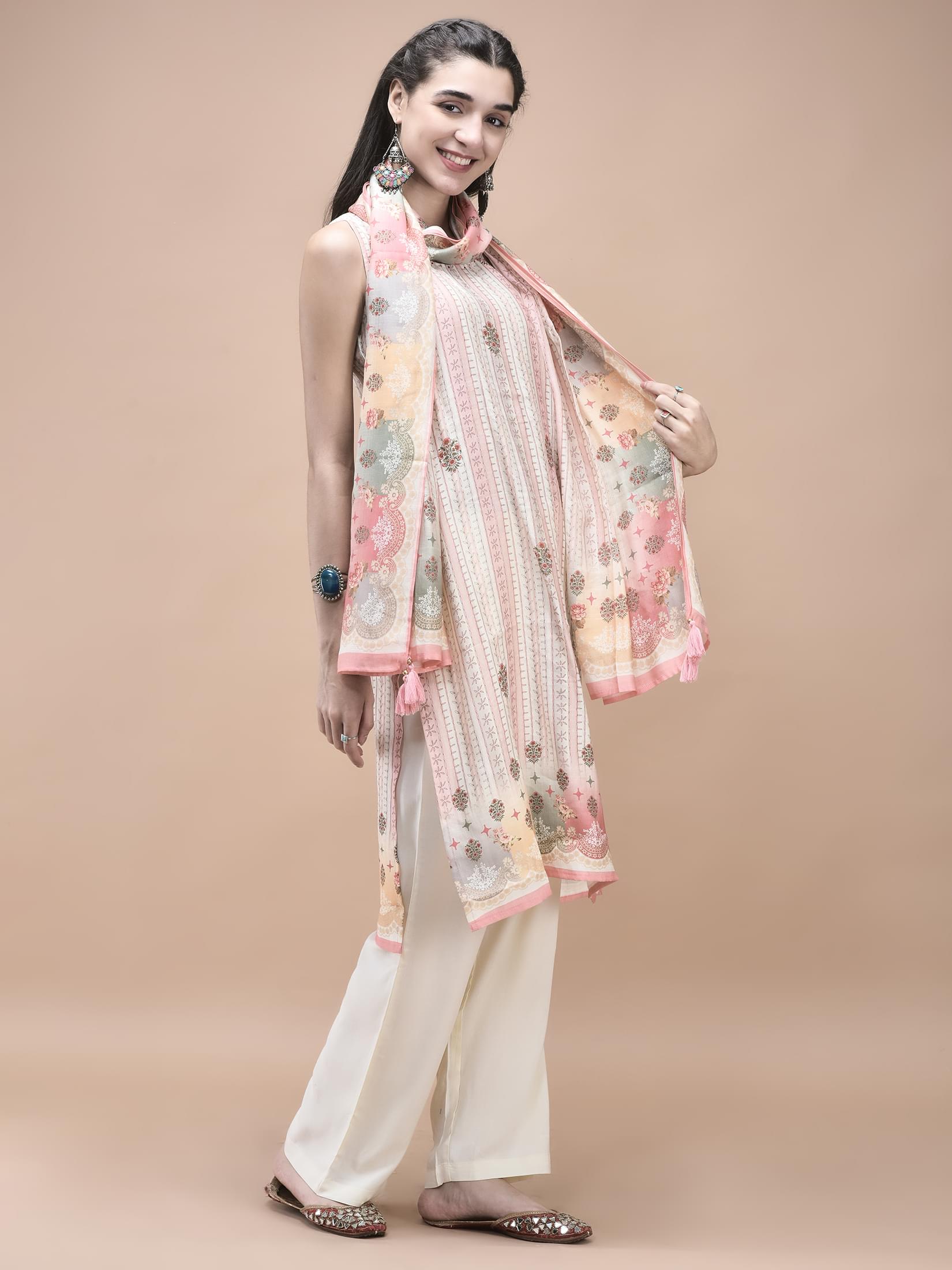Women Silk Blend Multicolor Mughal Print Kurta Comfort Pant Dupatta.