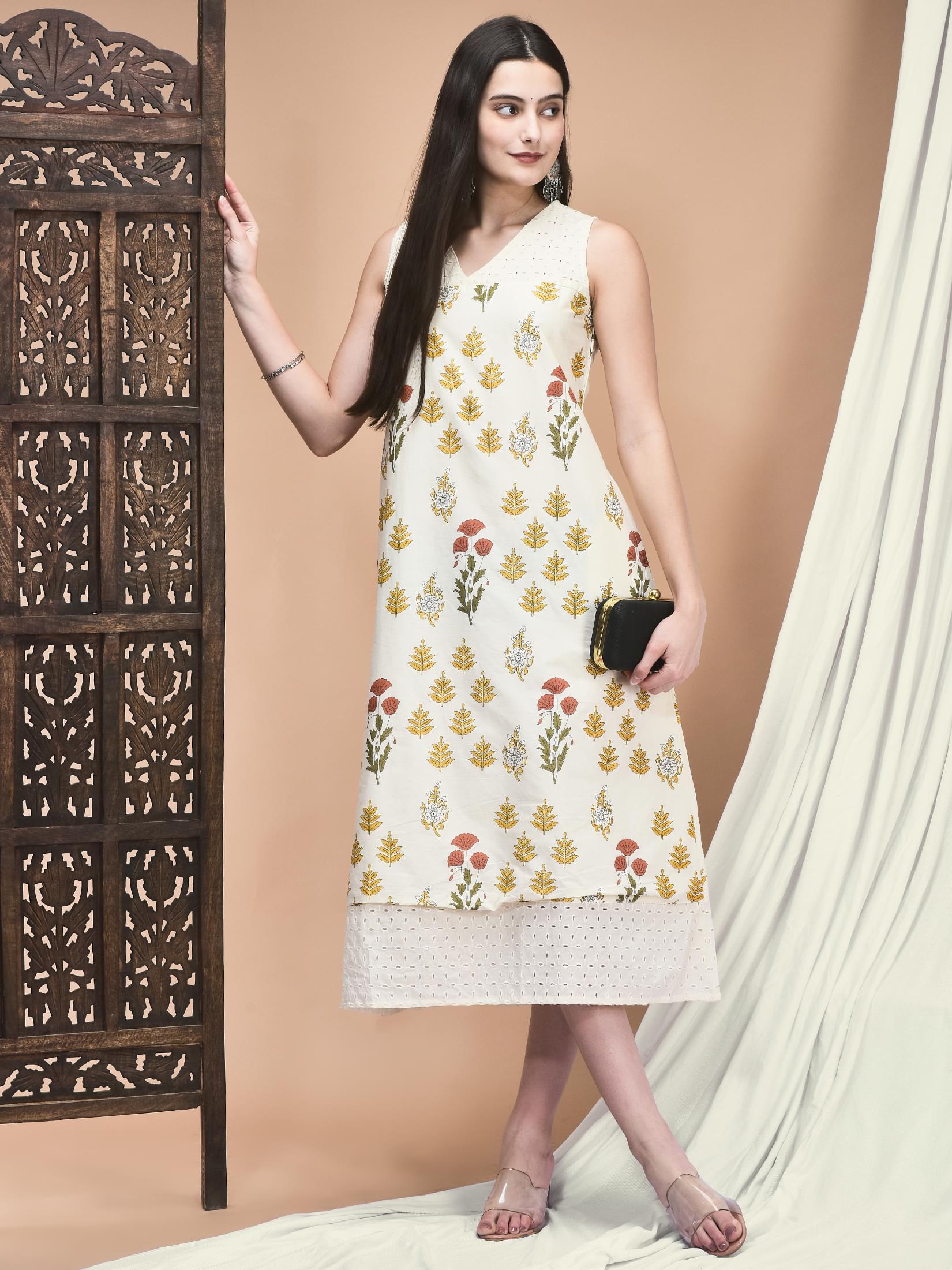 Off white classic Jaipur block motifs print cambric cotton elegant flared dress