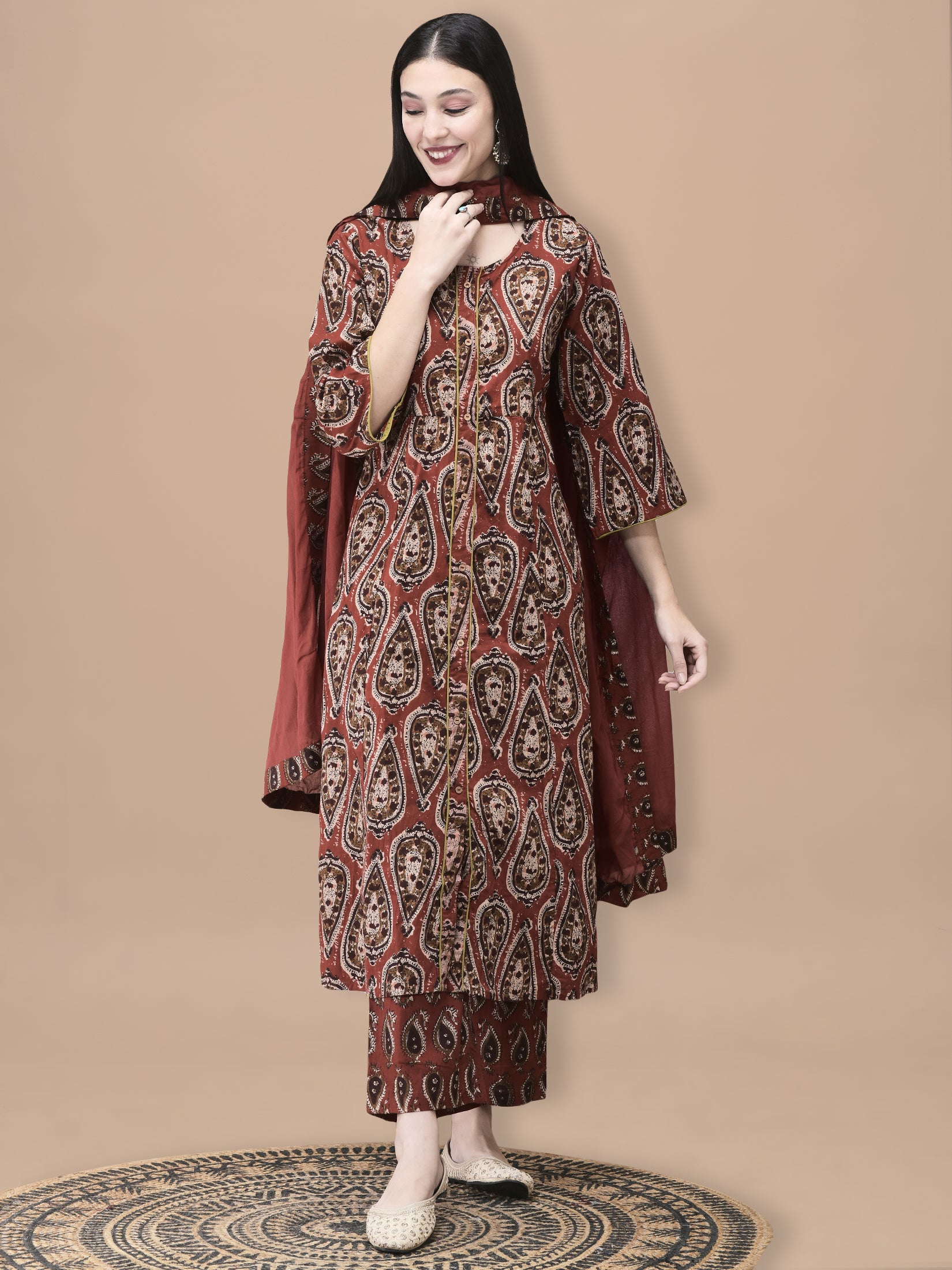 Women Cotton Rust Geometric Print Kurta Comfort Pant Dupatta