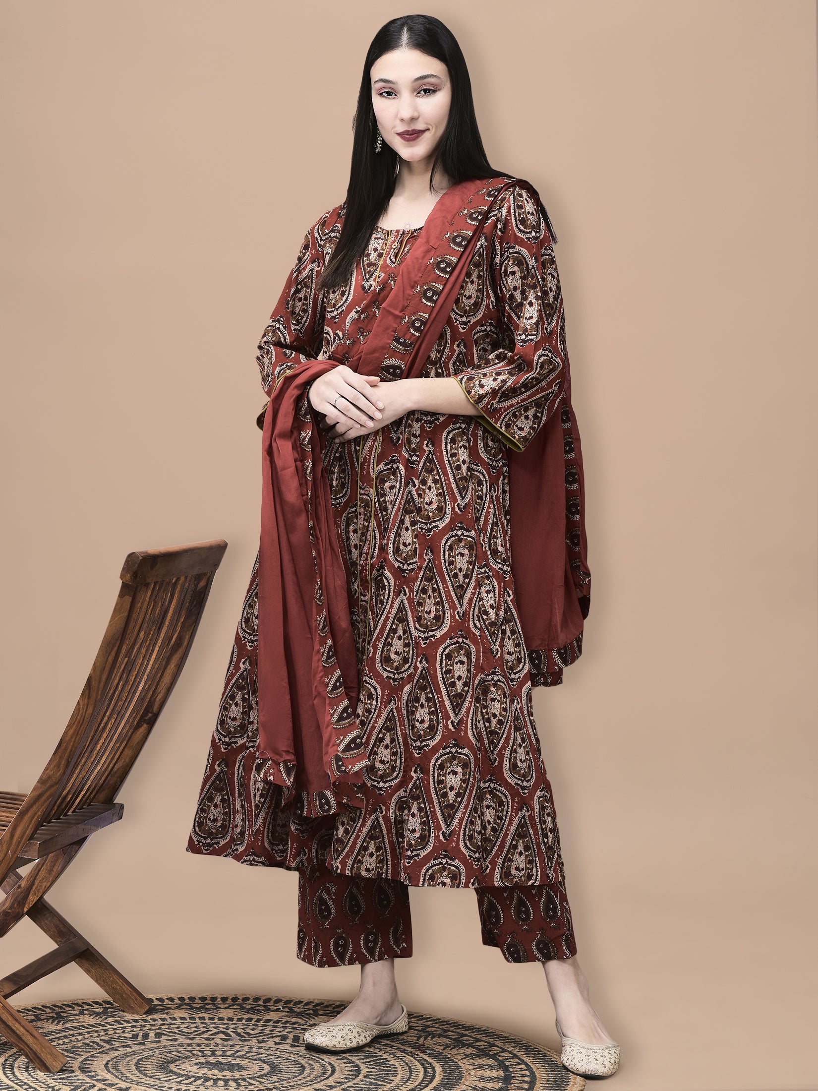 Women Cotton Rust Geometric Print Kurta Comfort Pant Dupatta